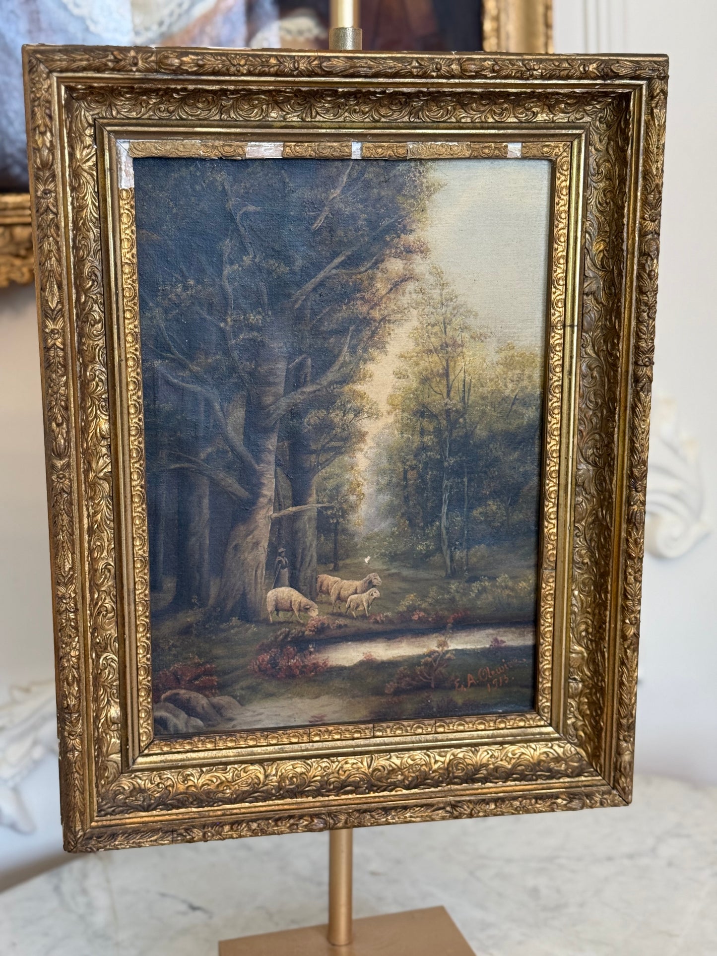 1915 American Pastoral Sheep Landscape Oil Painting by E. A. Olewine