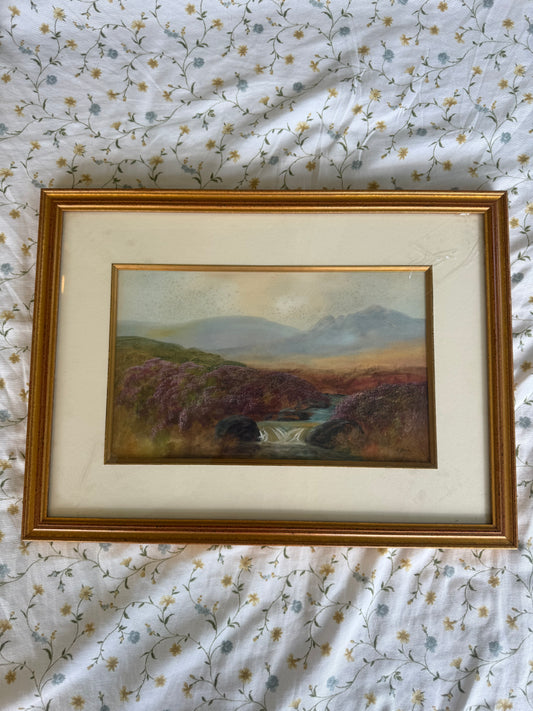 English School Style – Moorland Landscape with Stream, Signed Watercolor in Gilt Frame