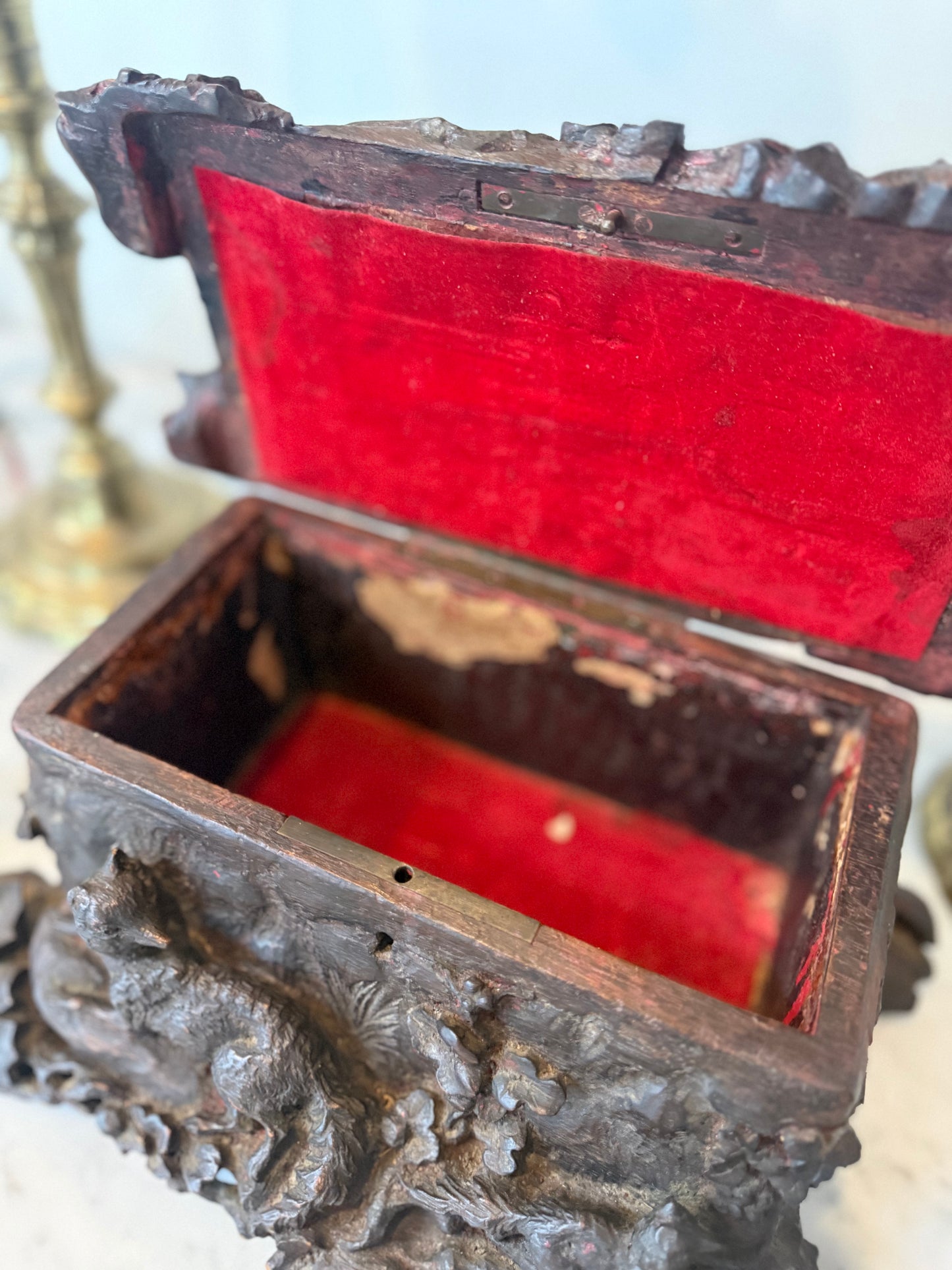 Antique Black Forest Carved Hunt Scene Box with Dog Scene