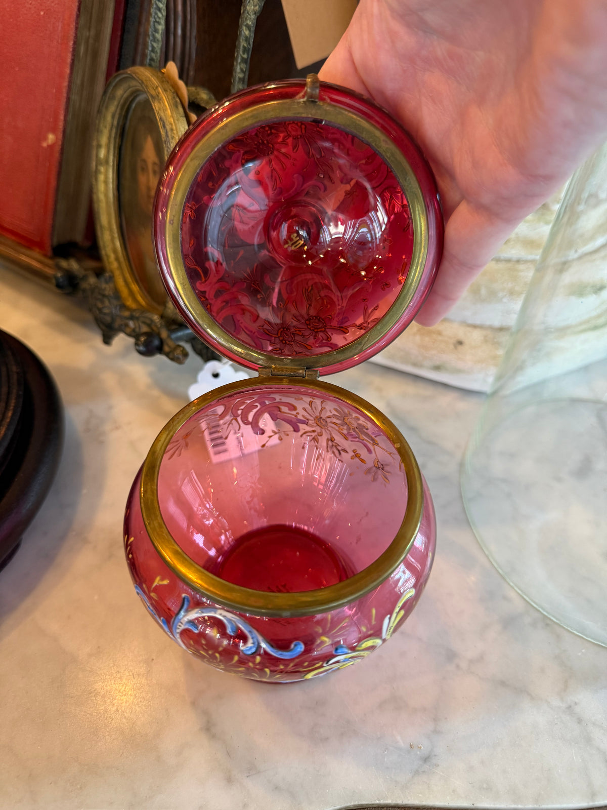 Antique Bohemian Ruby Glass Enameled Hinged Casket