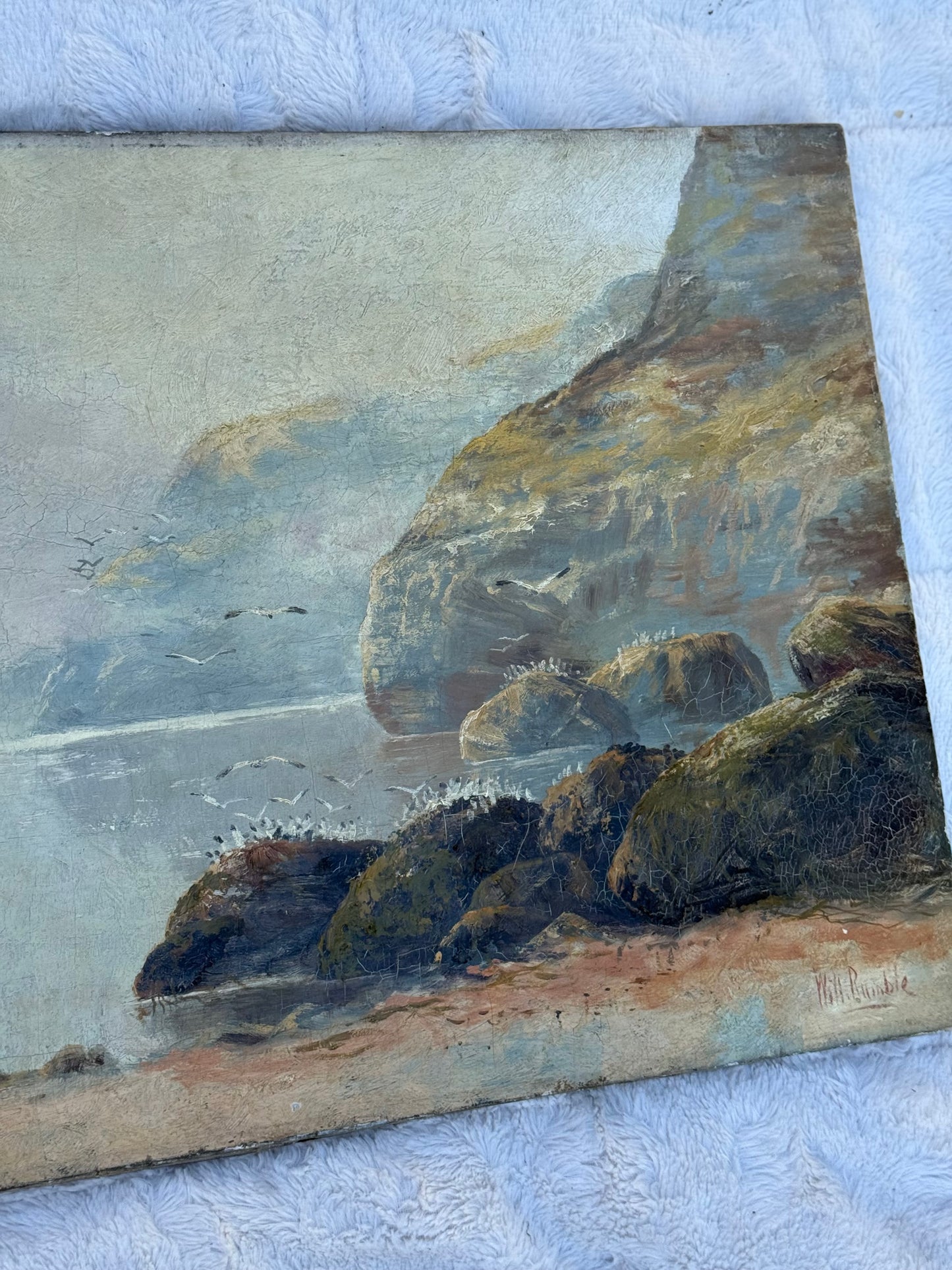 Antique 19th-Century Coastal Seascape Oil Painting by William H. Rumble | 20x30 Original Maritime Landscape