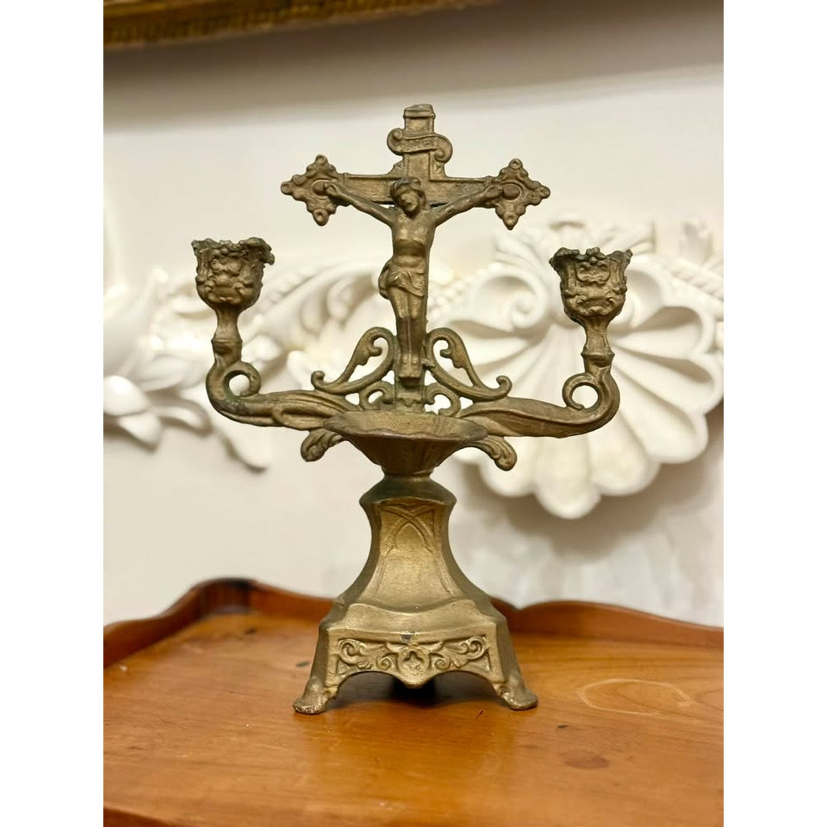 Antique Catholic Crucifix Holy Water Font Double Candle Holder Religious Altar