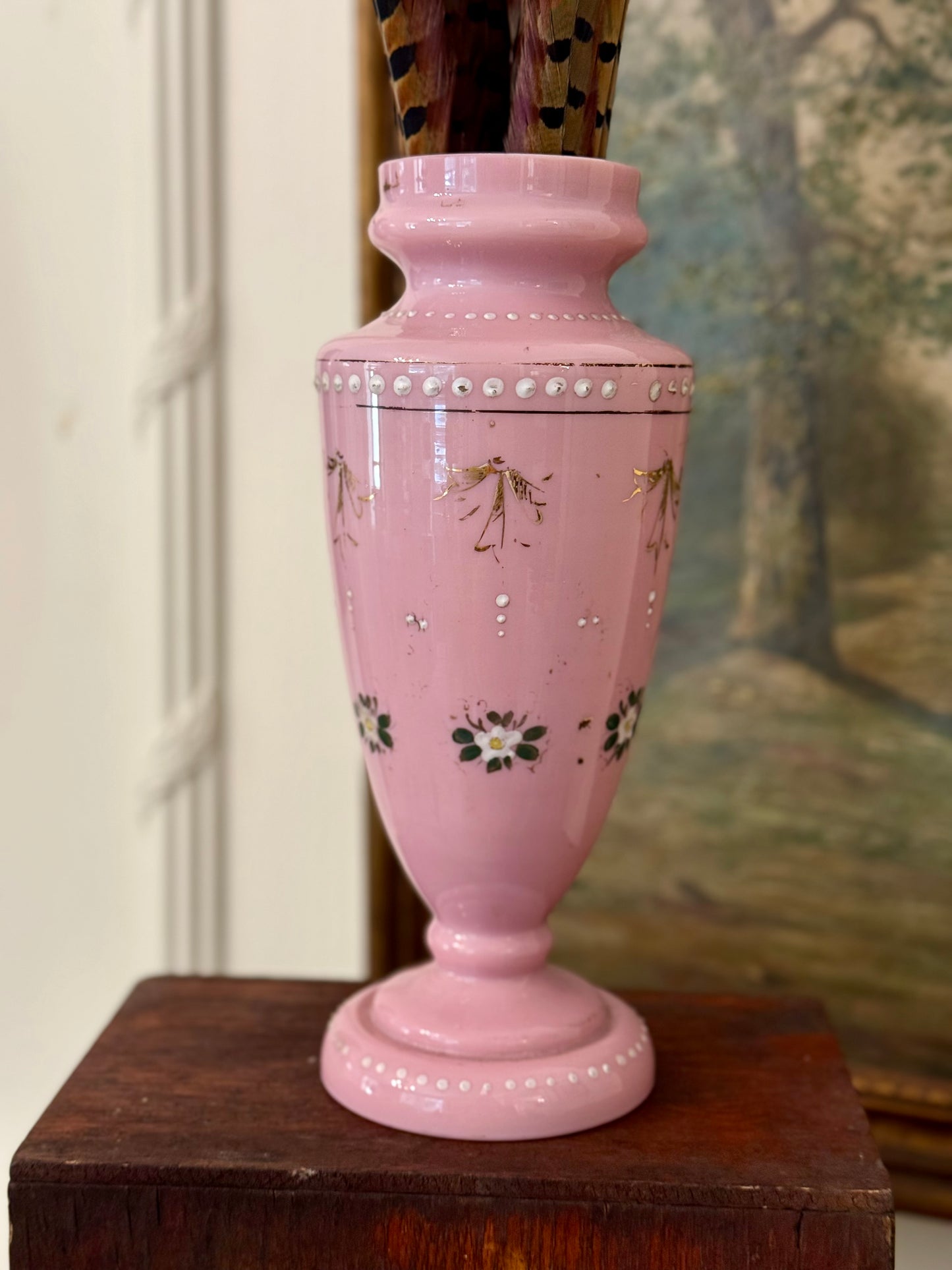 Antique Victorian Pink Hand Enameled Art Glass Vase