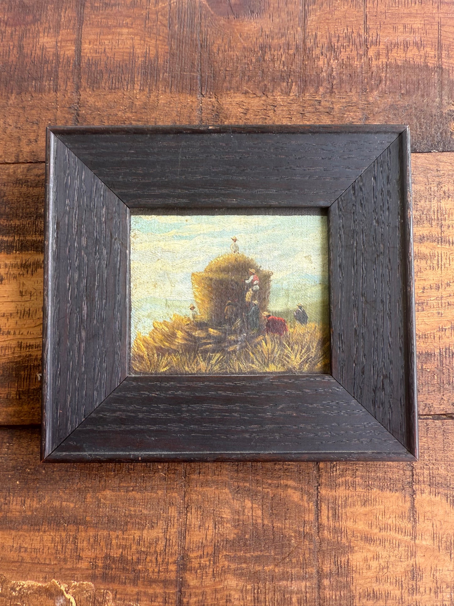 19th Century Wanamaker Collection Miniature Oil Painting – Harvest Scene with Hay Cart