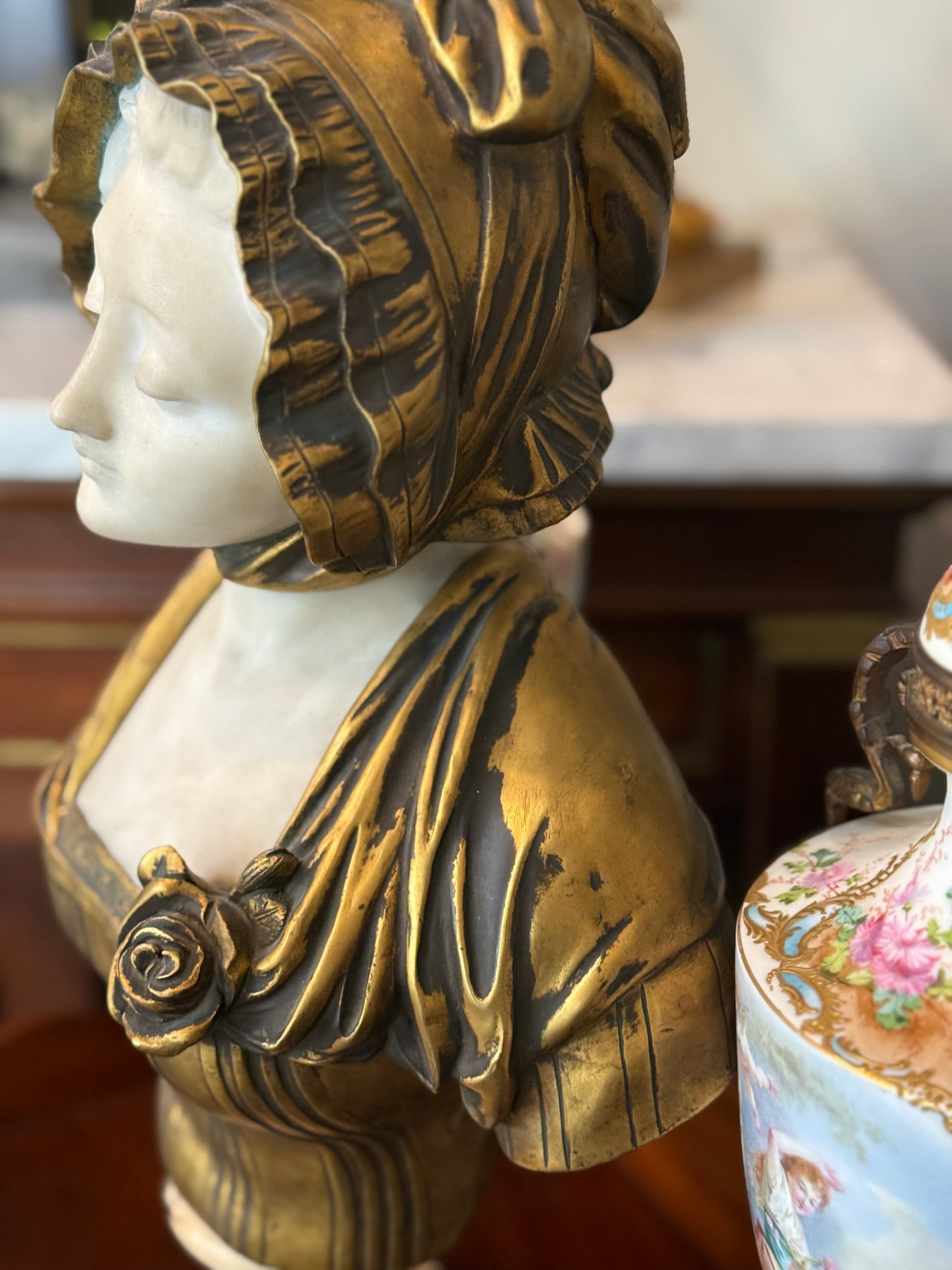 French Marble and Patinated Bronze Maiden Bust, After Jean-Baptiste Greuze
