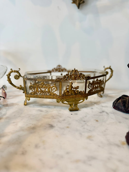 Antique French Gilt Brass Centerpiece with Glass Insert and Mermaid Mounts, Circa 1880-1900