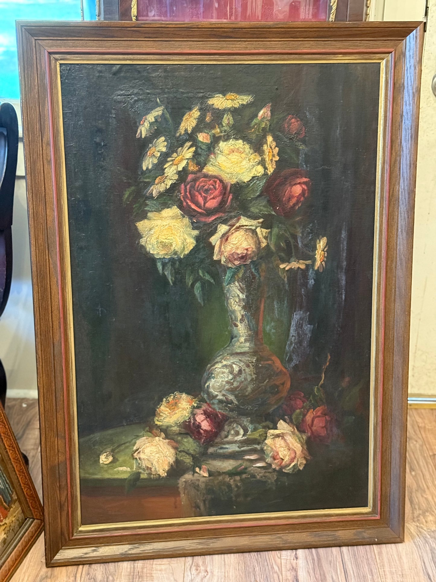 Antique Belgian Floral Still Life Oil Painting | Roses and Daisies in Vase | Framed Oil on Canvas Mounted to Board