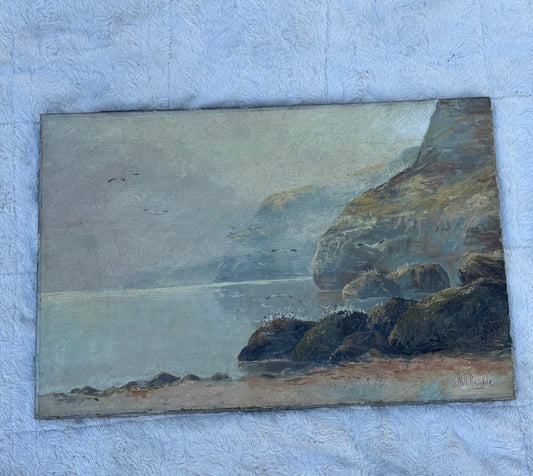 Antique 19th-Century Coastal Seascape Oil Painting by William H. Rumble | 20x30 Original Maritime Landscape