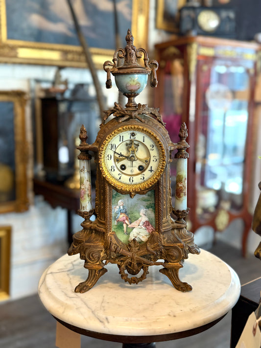 Antique French Sèvres-Style Porcelain & Gilt Metal Mantel Clock, c. 1900