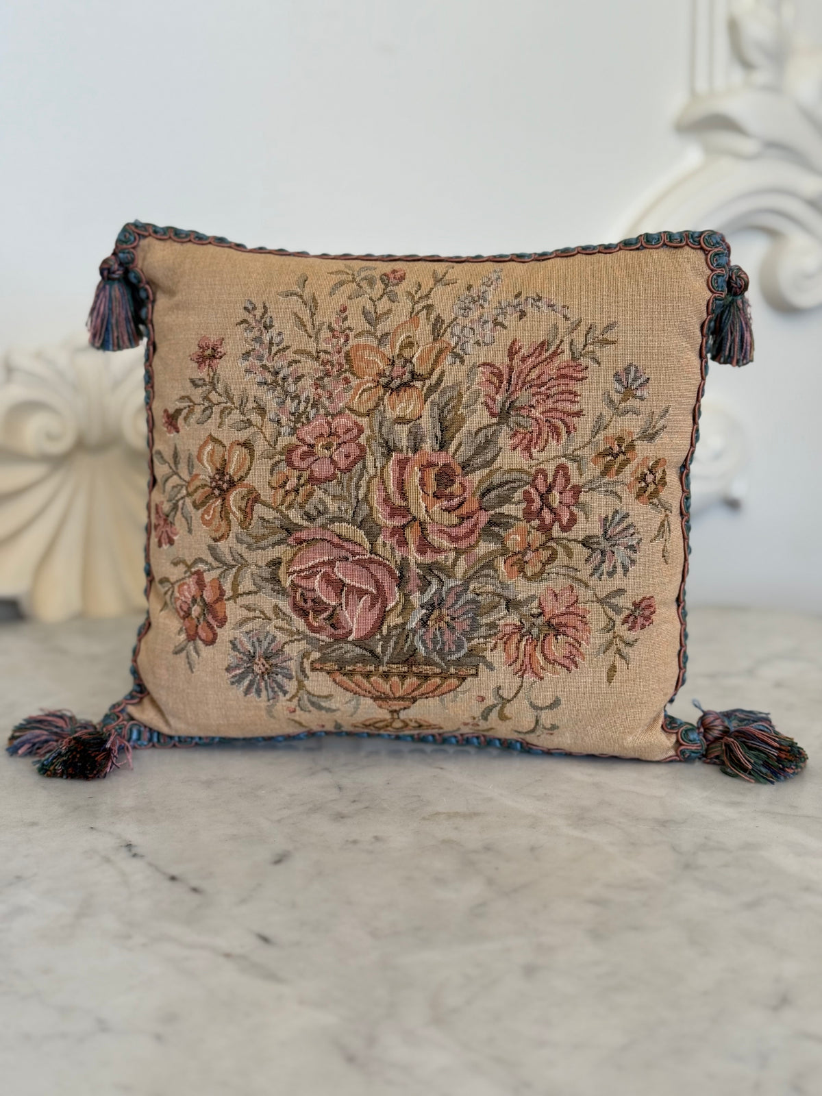 Vintage Floral Tapestry Accent Pillow with Tassels