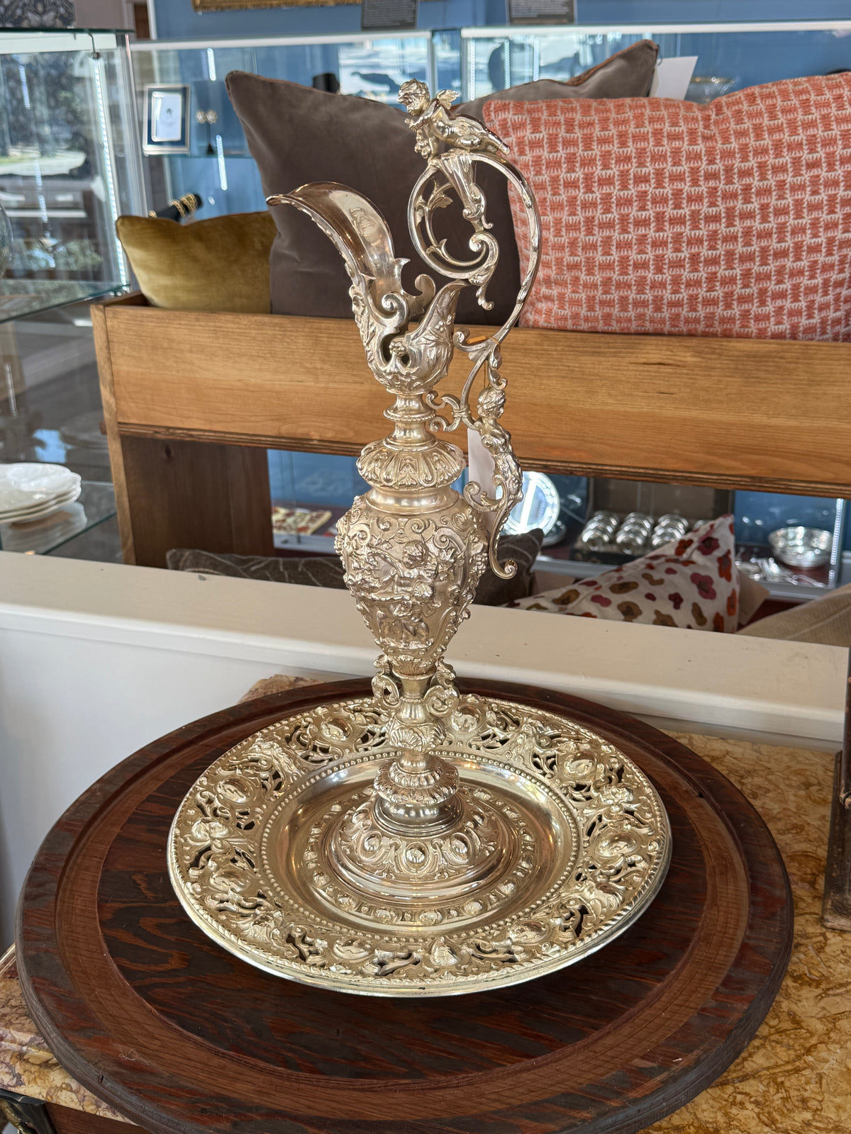 Monumental Silvered Bronze Figural Ewer & Underplate