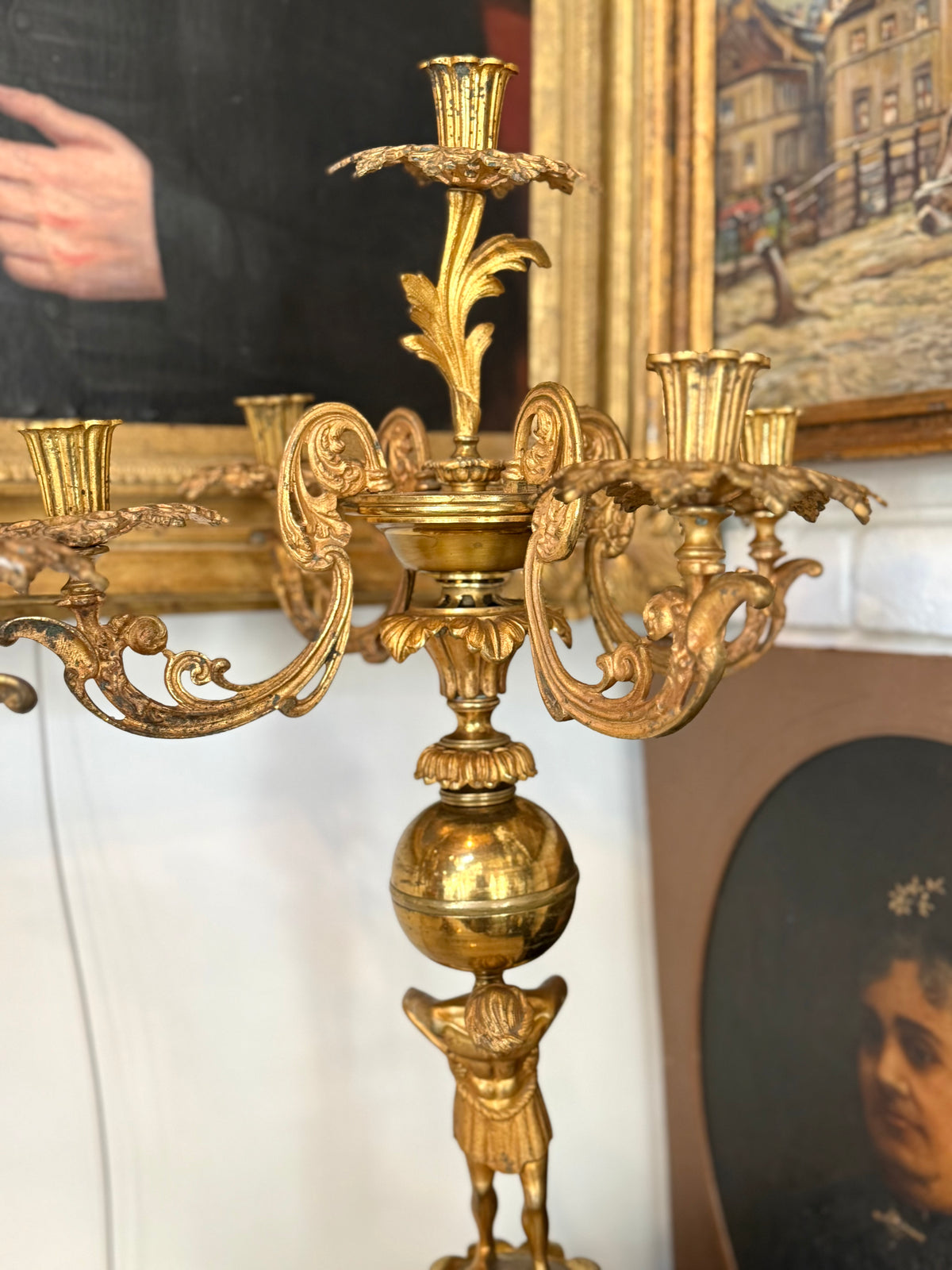 Pair of American H.N. Hooper & Co. Gilt Brass Figural Candelabra, c. 1840