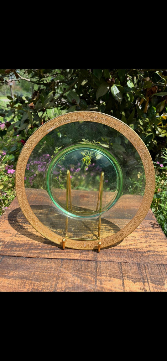 Uranium Glass Plate with Gold Rim – Fostoria Vintage Plate – Radiates Under UV – Elegant Glassware – Collectible Tableware