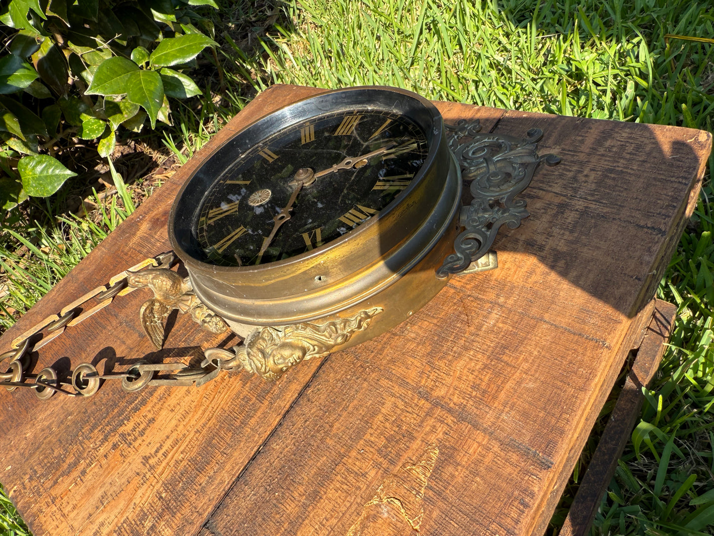 Late 19th Century Gilt Brass Wall Clock with Classical Female Figures & Bird Finial (Non-Functional)