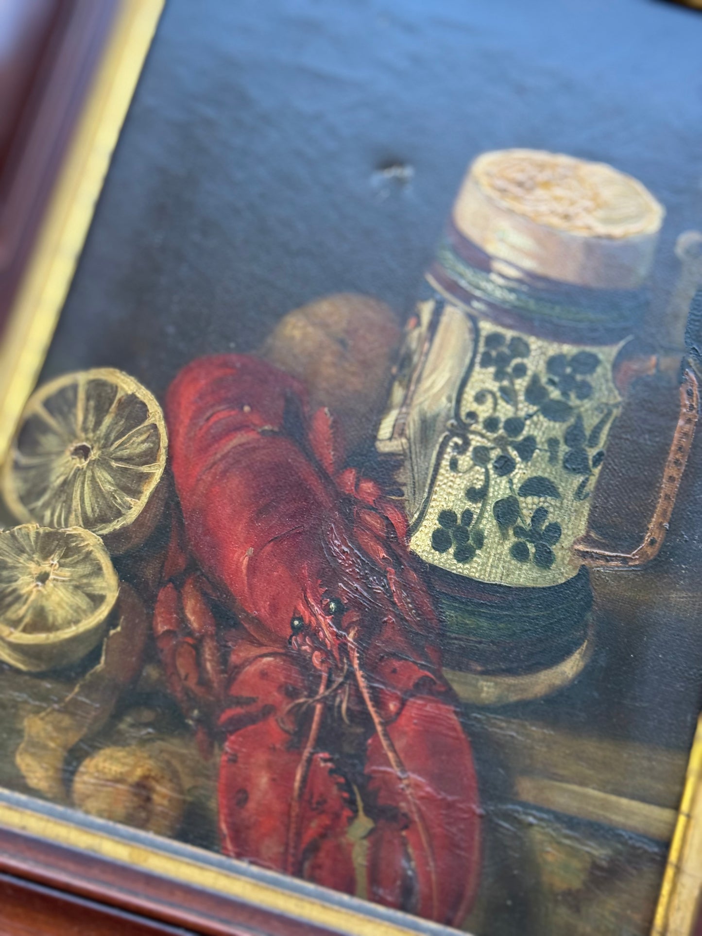 Antique 19th-C Still Life Oil Painting | Lobster, Lemons & Stein | 9x12 in Original Walnut Frame
