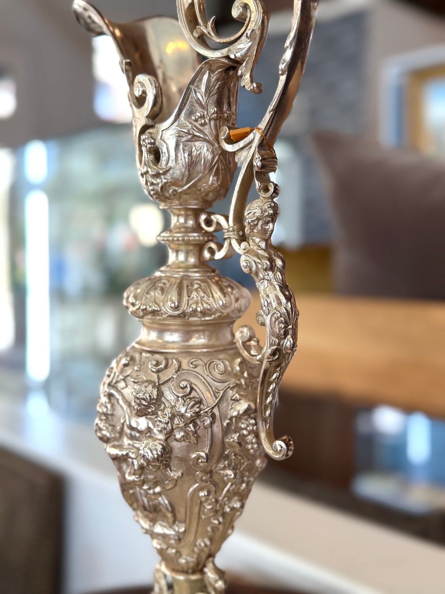 Monumental Silvered Bronze Figural Ewer & Underplate