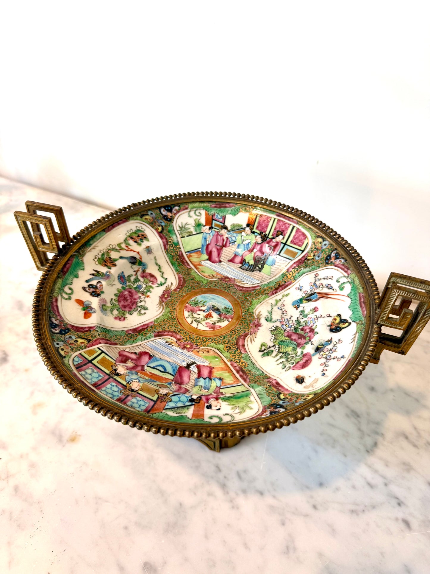 Antique Franco-Chinese Rose Medallion Porcelain Tazza with Gilt Bronze Mounts, Circa 1870-1880