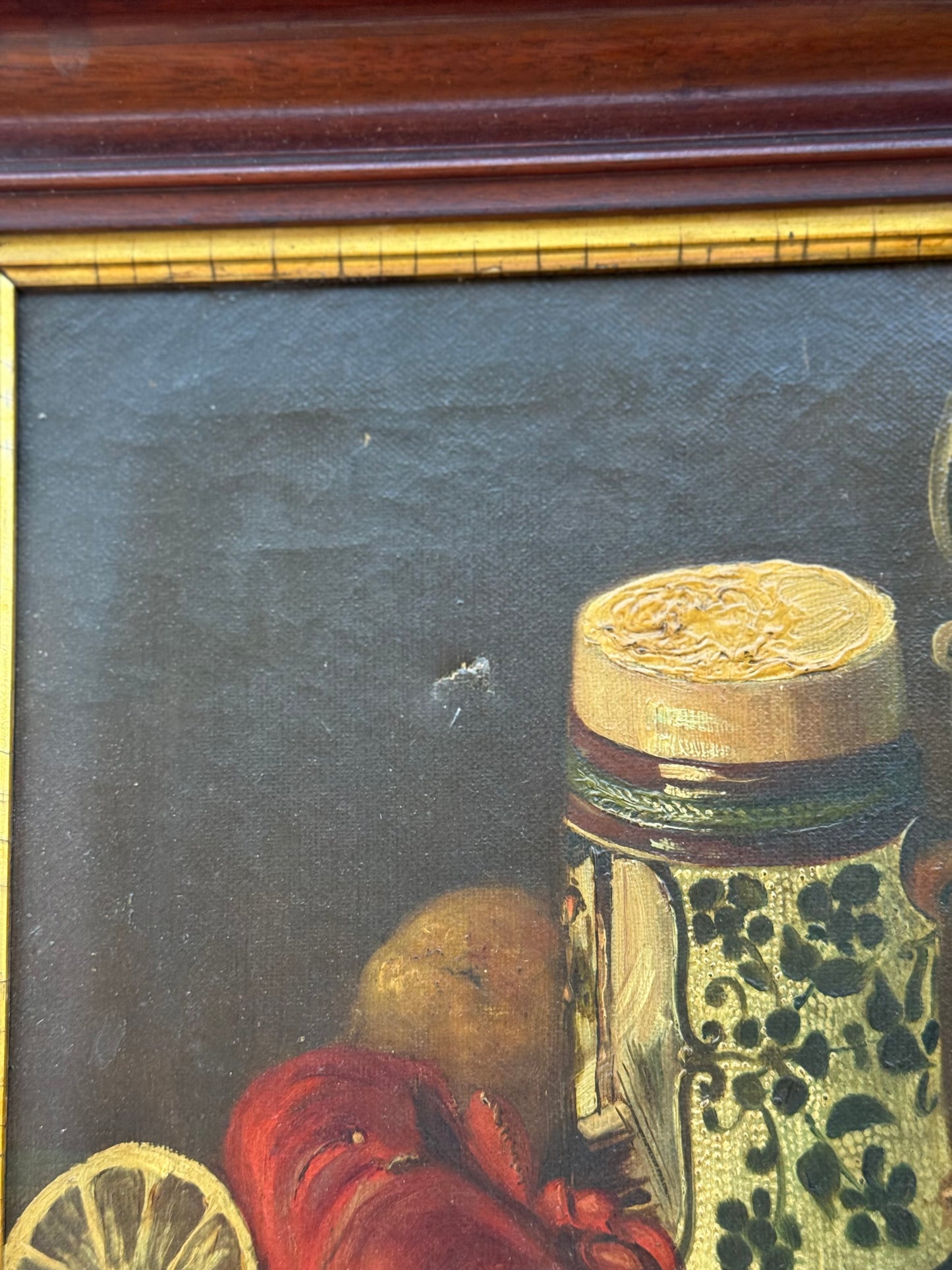 Antique 19th-C Still Life Oil Painting | Lobster, Lemons & Stein | 9x12 in Original Walnut Frame