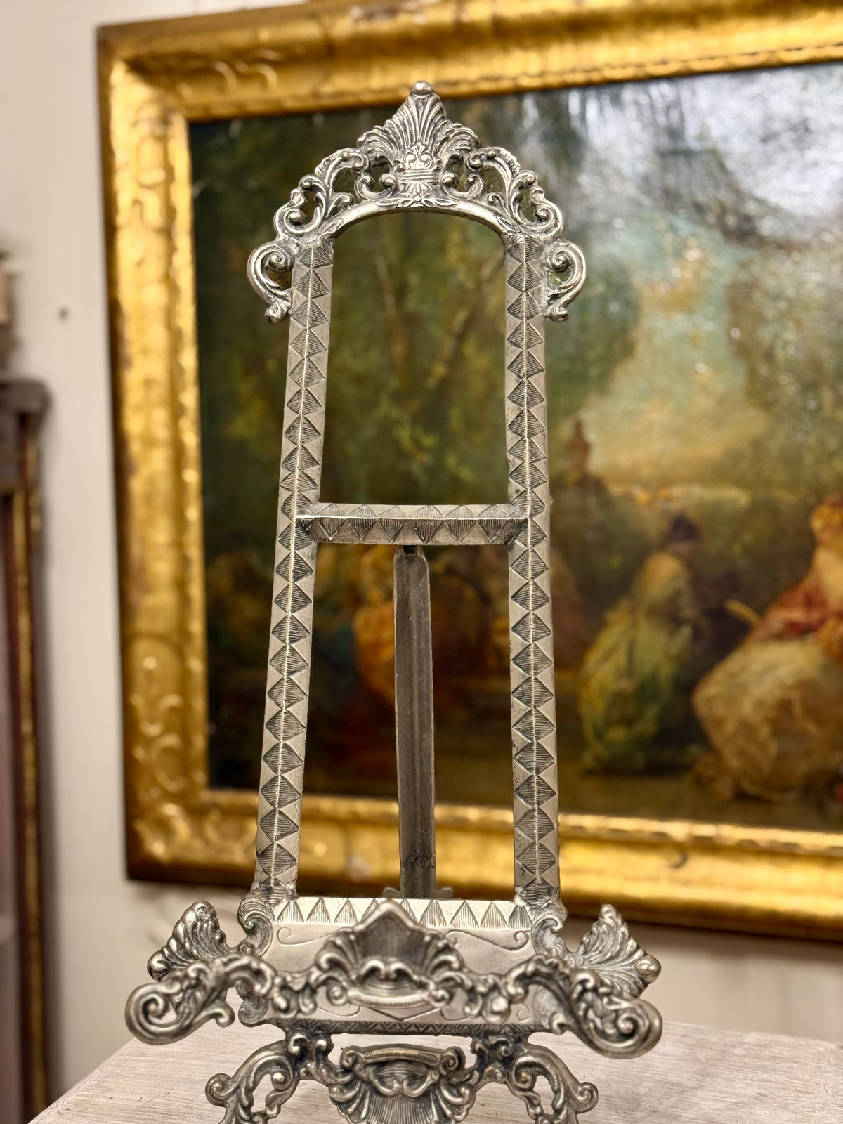 Vintage Ornate Silver-Toned Metal Display Easel with Rococo Scrollwork, 22.75”