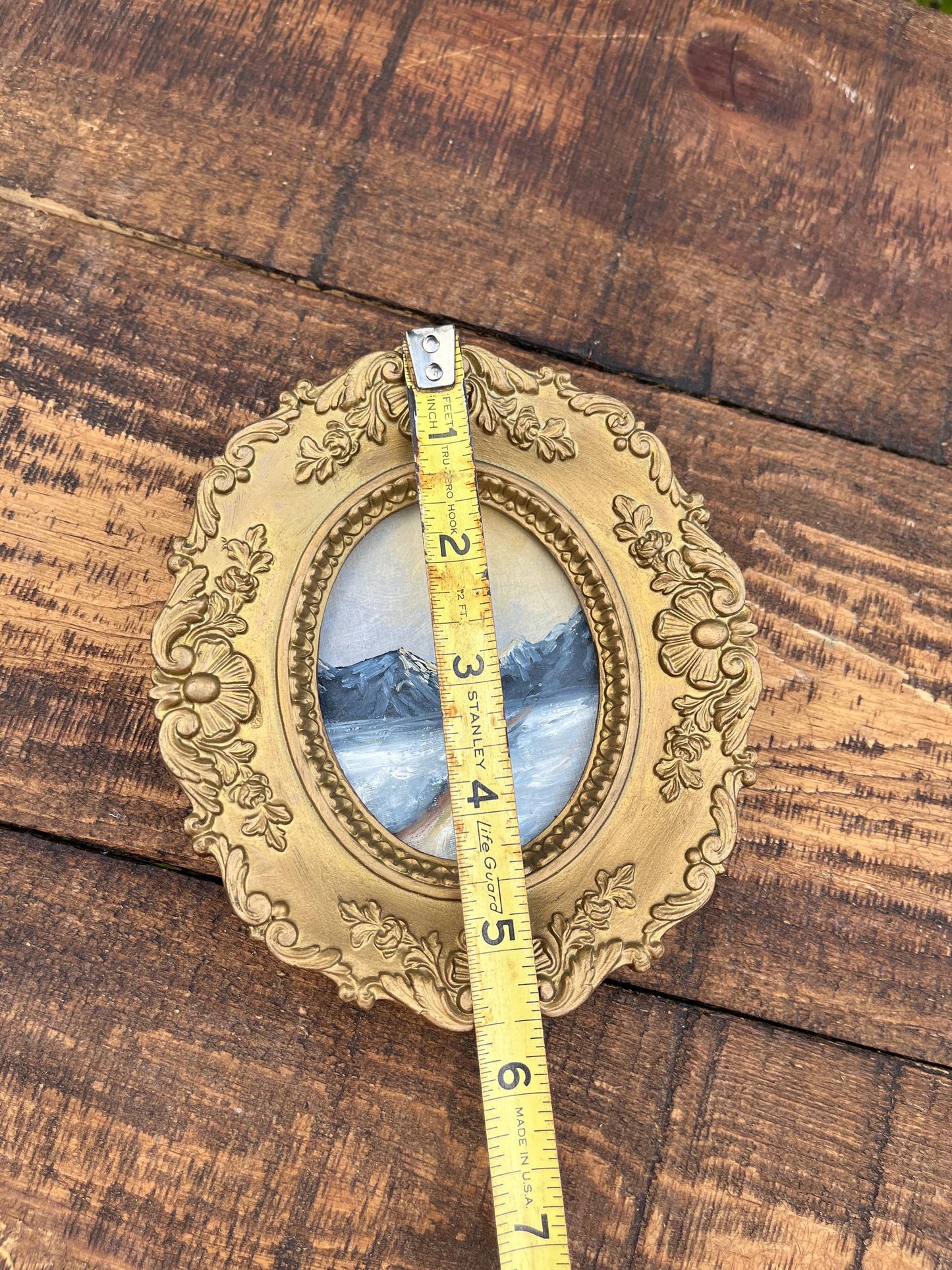 Vintage “A Cameo Creation” Oval Framed Miniature Print – Snowy Mountain Landscape, Rococo Gold Frame, Mid-Century Wall Art