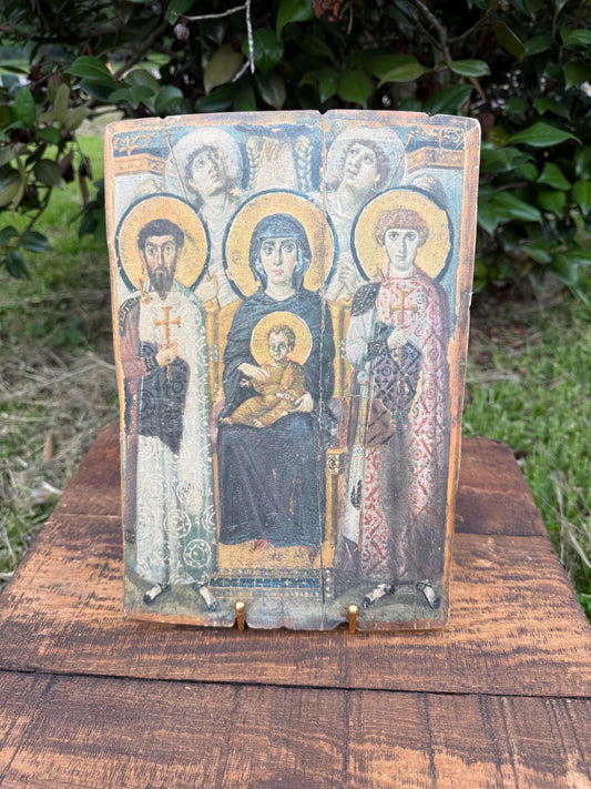 Greek Orthodox Icon – Virgin and Child with Saints & Angels, 6th Century Sinai Replica, 10x13 Mounted Print