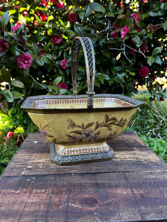 Decorative Ceramic Basket with Bronze Trim & Floral Design – Octagonal Bowl with Metal Handle, Made in China