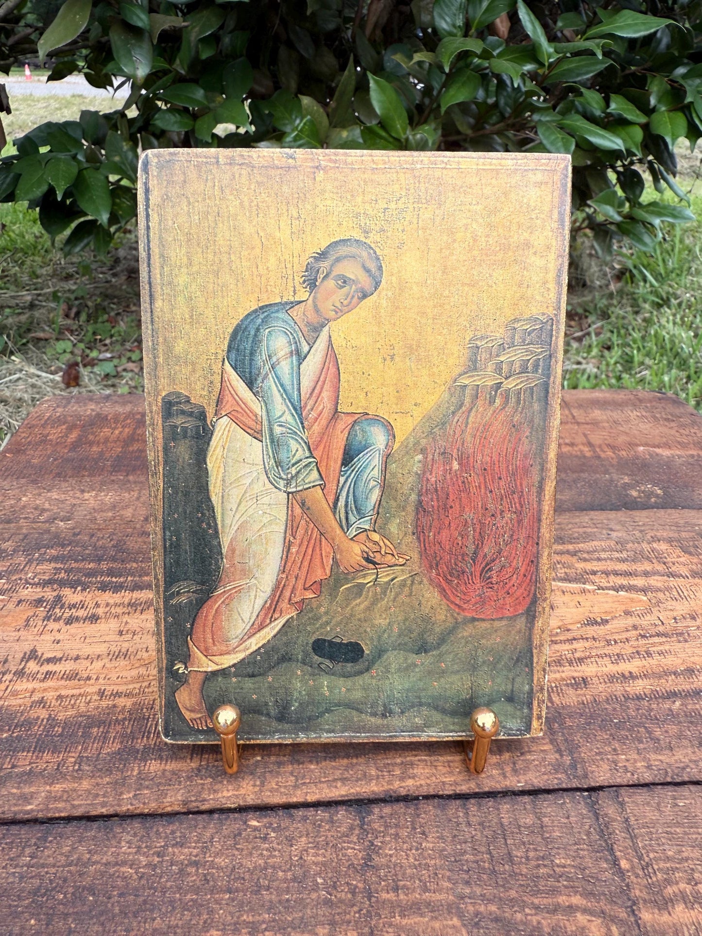 Greek Orthodox Icon – Moses and the Burning Bush – Vintage Thessaloniki Religious Wood Panel Print