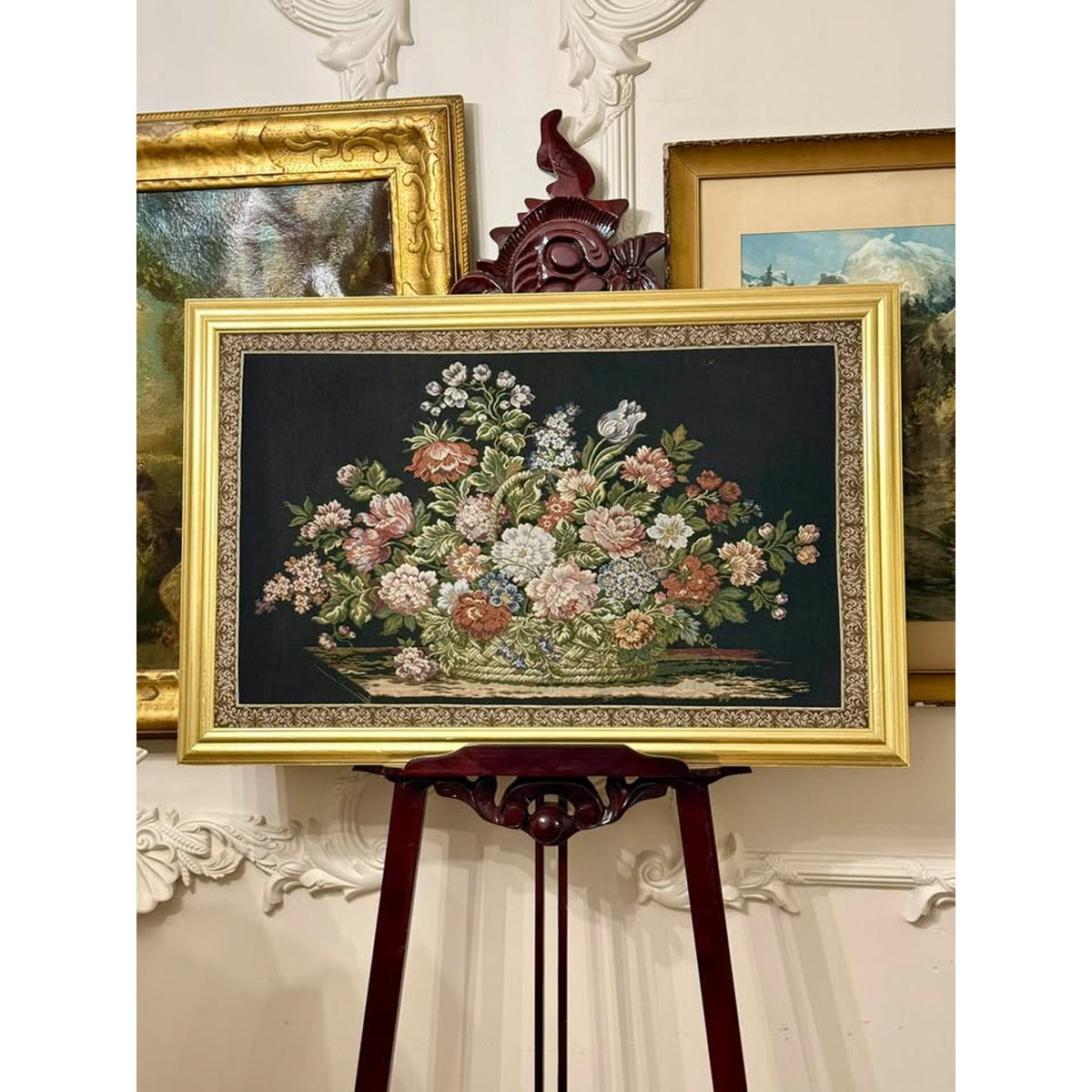 Large Vintage Framed Floral Jacquard Tapestry, Basket of Flowers, 39”