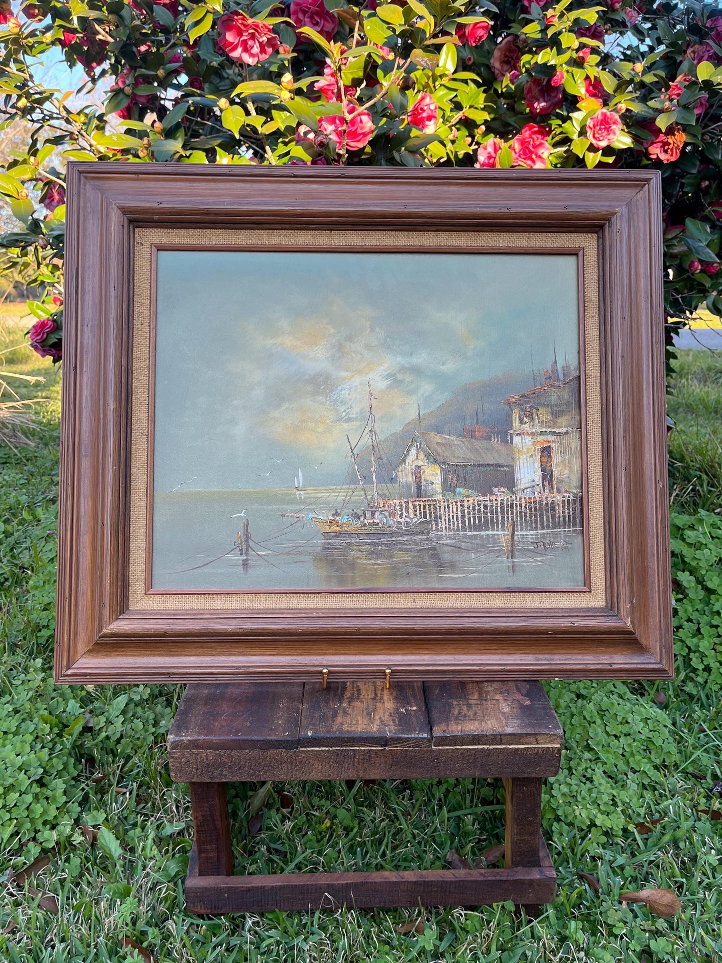 Signed J. Robert Marine Landscape Oil Painting, Large Framed Artwork, Original Oil Art, Coastal Scene, Collectible Art