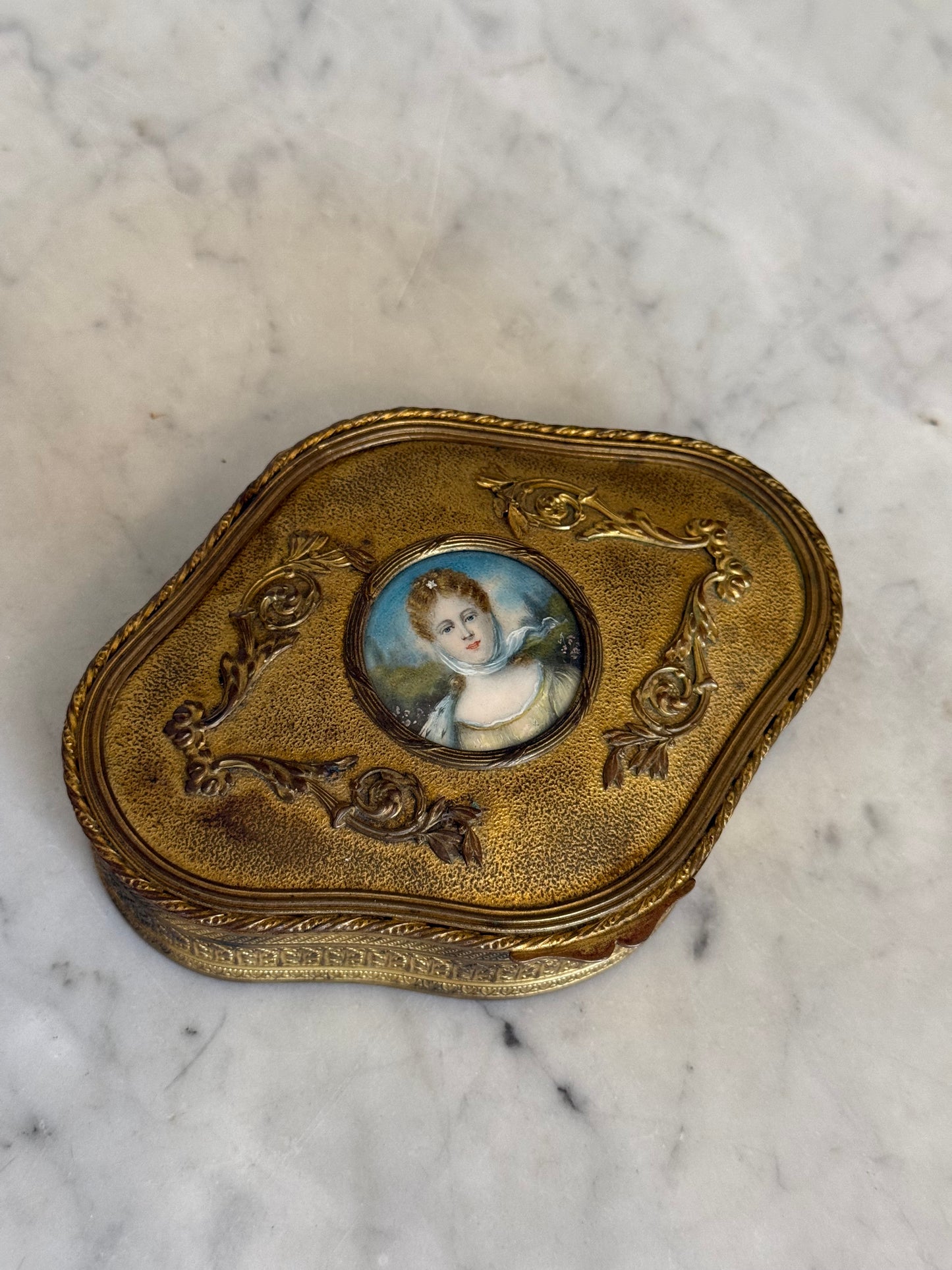 Antique French Gilt Jewelry Casket with Portrait Miniature Lid, Velvet Interior