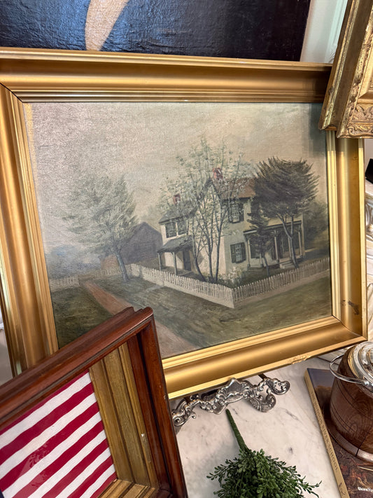 New England Homestead Oil Painting with Handwritten Family Provenance