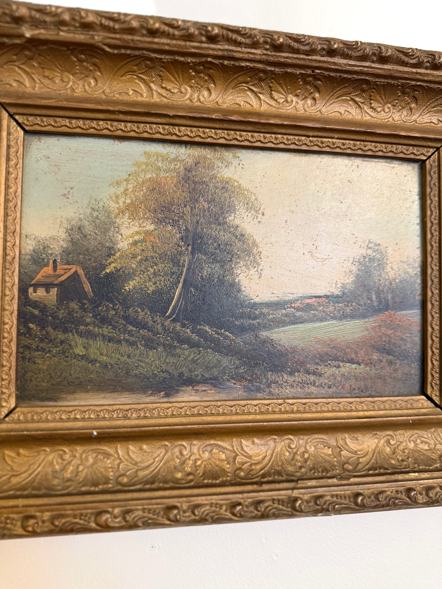 Antique Pastoral Landscape Oil on Board | Gilt Frame | Cottage Scene