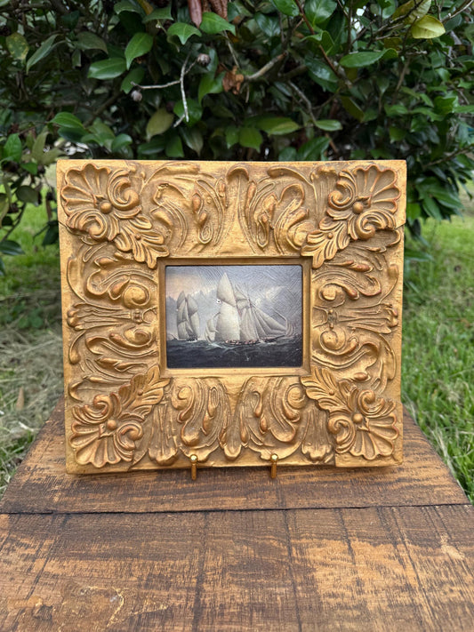 Vintage Nautical Textured Print in Ornate Gold Frame – Sailboat Seascape Wall Art – Baroque Gilt Coastal Decor