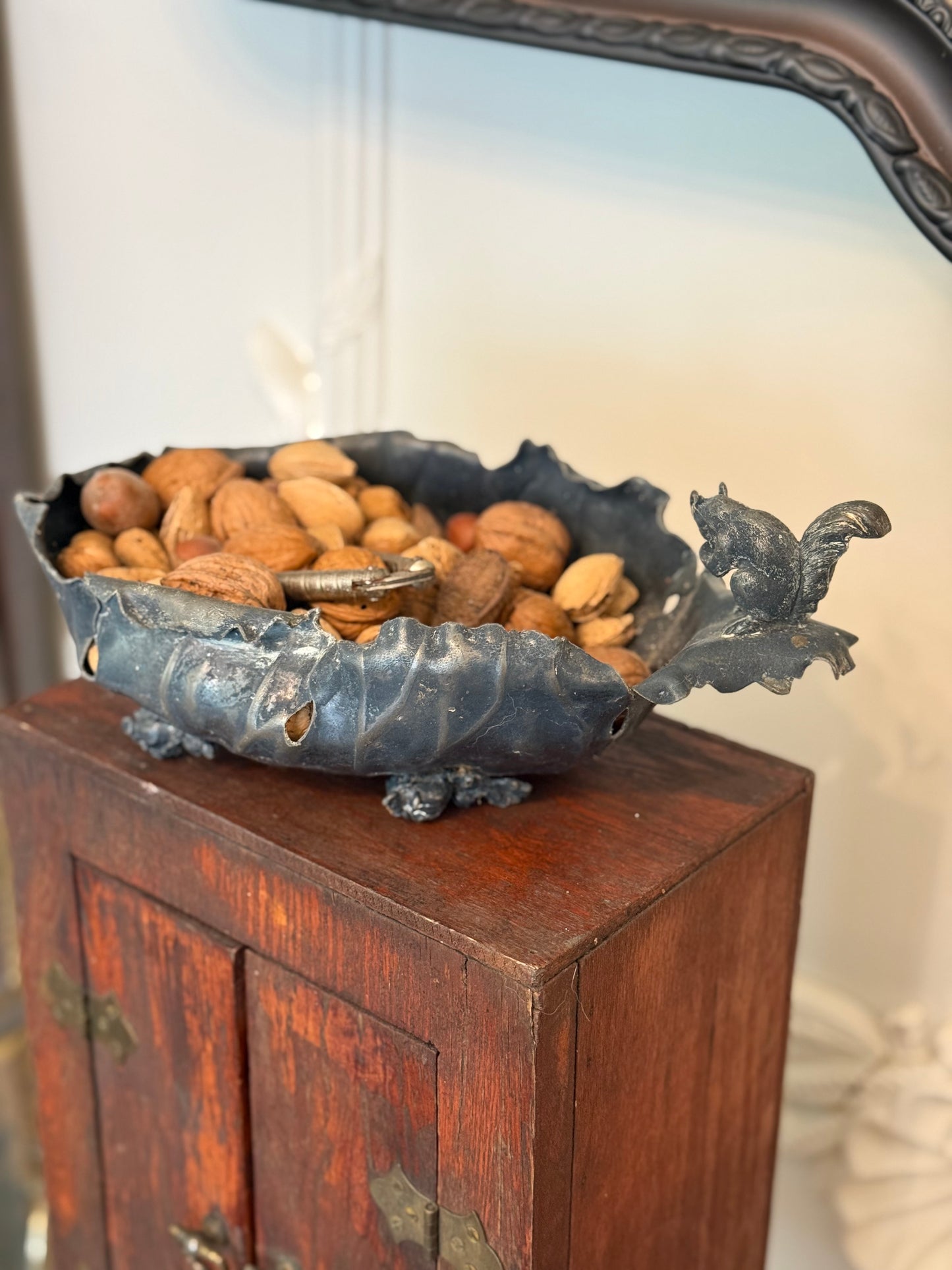 Antique Victorian Silverplate Figural Squirrel Nut Bowl in Leaf Form, Circa 1900