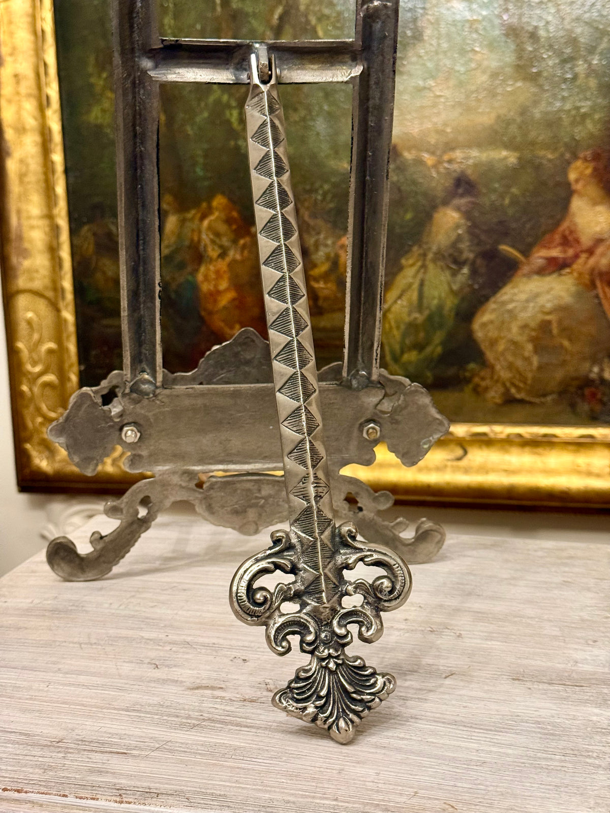 Vintage Ornate Silver-Toned Metal Display Easel with Rococo Scrollwork, 22.75”
