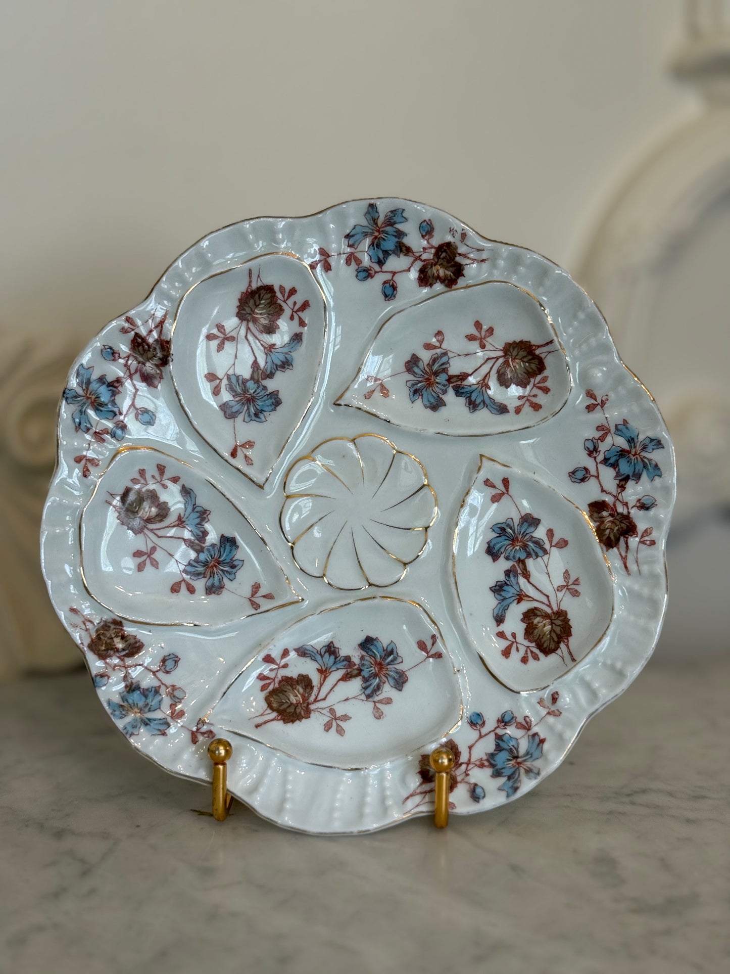 Antique Floral Oyster Plate with Central Sauce Well
