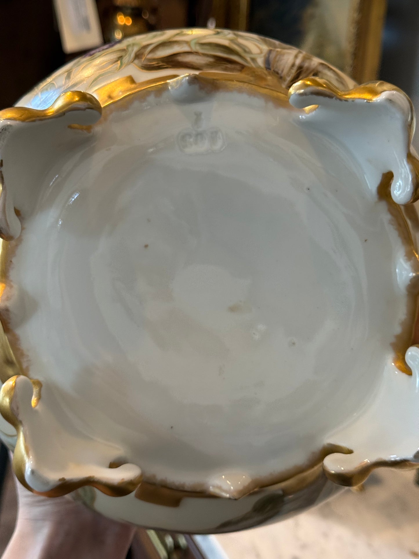 Antique Hand-Painted Limoges Porcelain Jardinière with Purple Irises & Gilt Handles