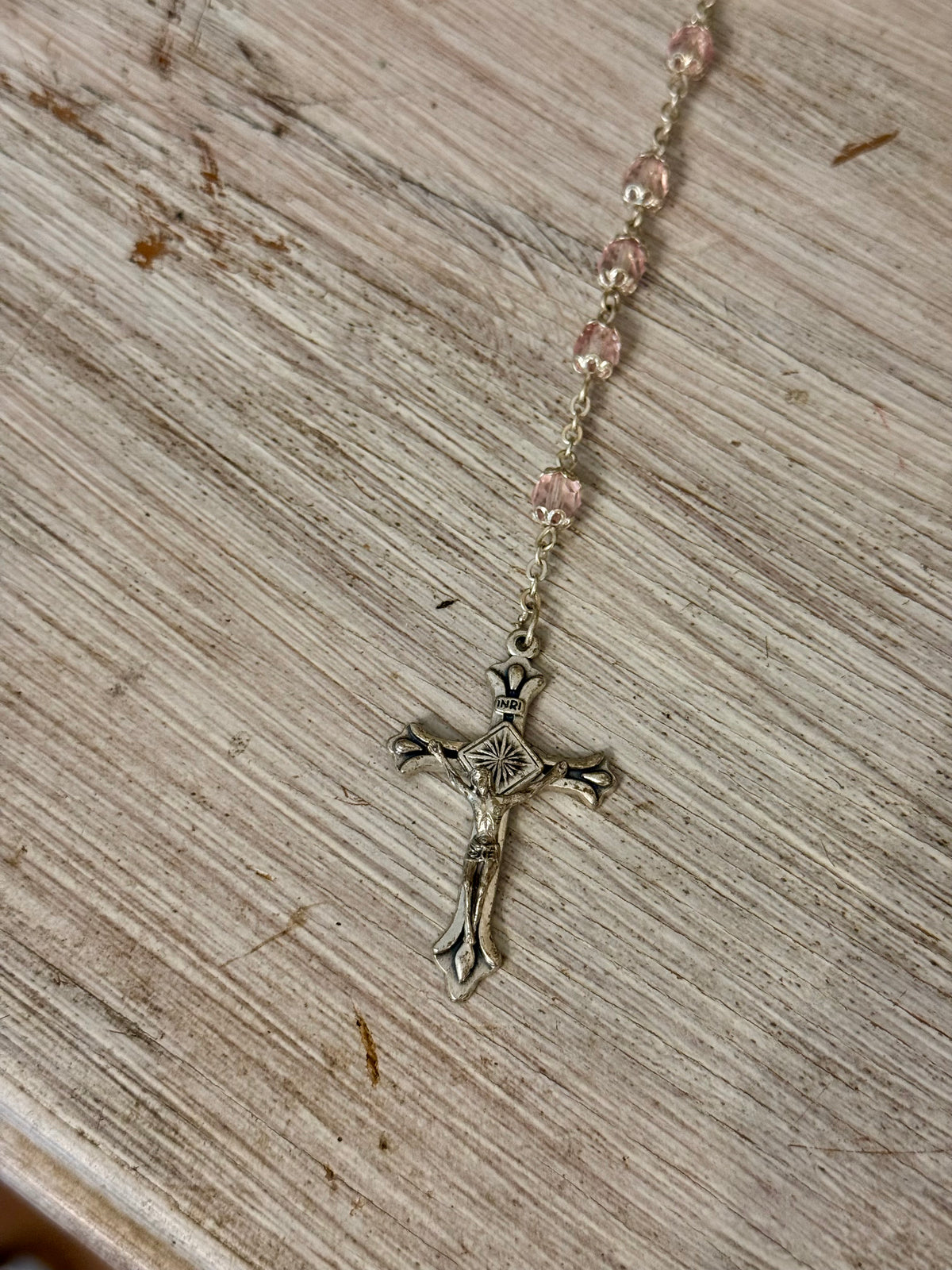 Vintage Pale Pink Faceted Glass Catholic Rosary with Marian Medal