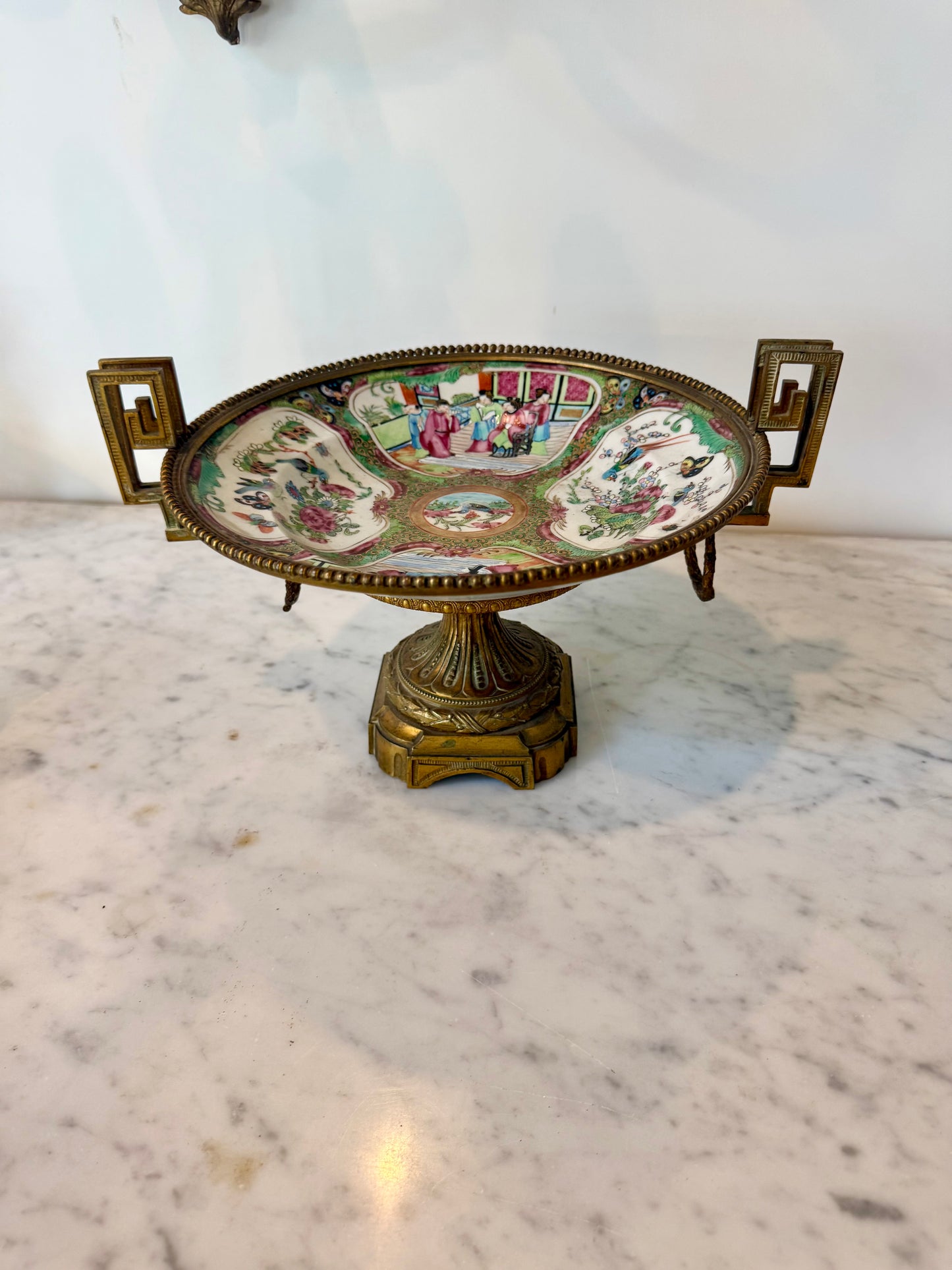 Antique Franco-Chinese Rose Medallion Porcelain Tazza with Gilt Bronze Mounts, Circa 1870-1880