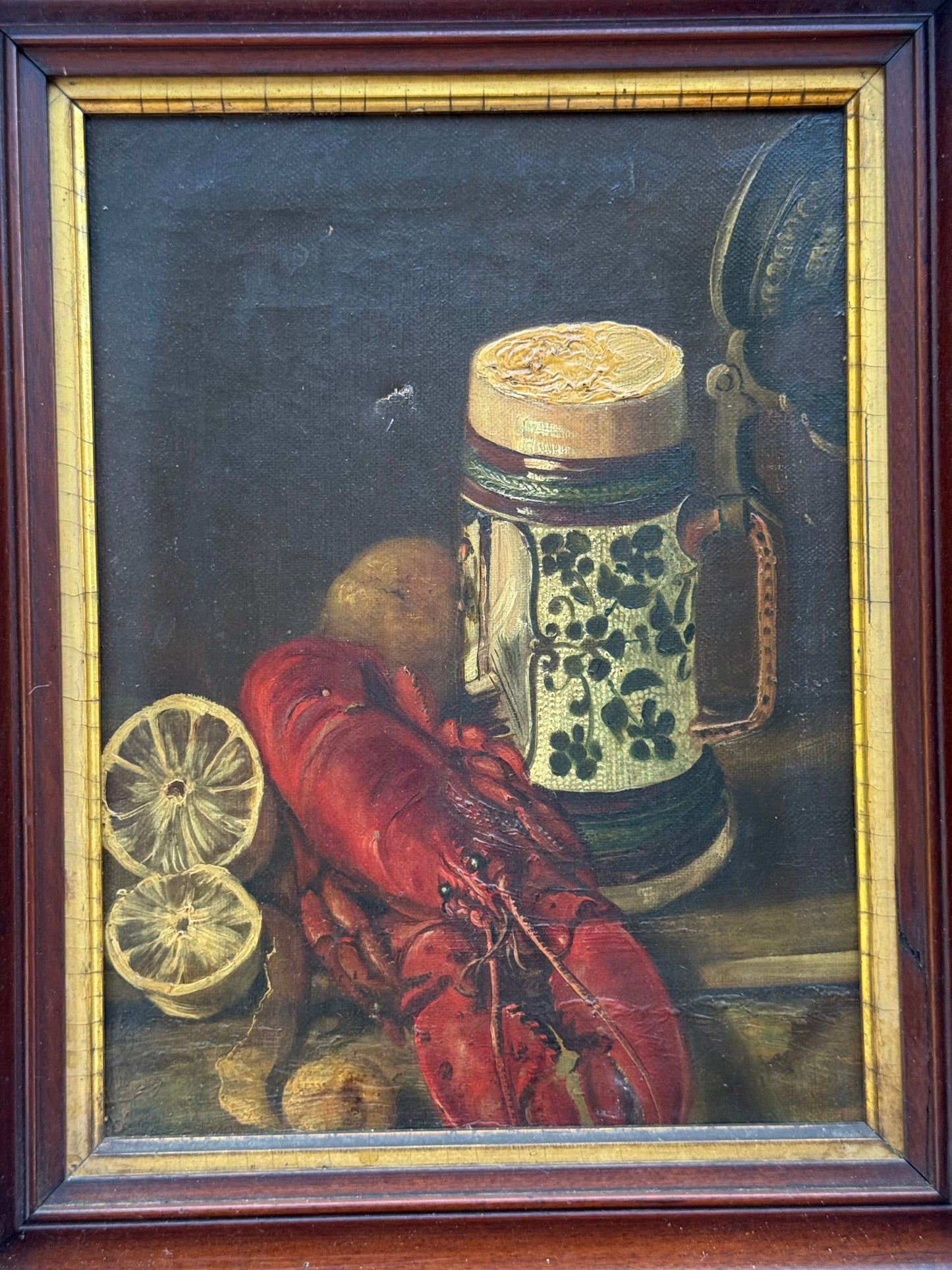 Antique 19th-C Still Life Oil Painting | Lobster, Lemons & Stein | 9x12 in Original Walnut Frame