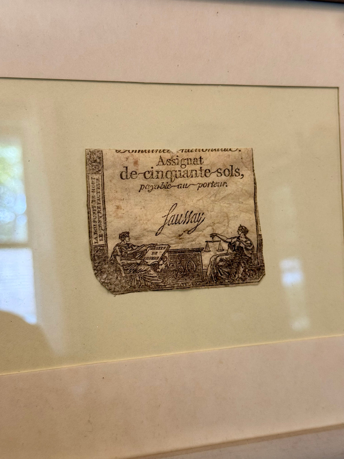 1793 French Revolution 50 Sols Assignat, Framed