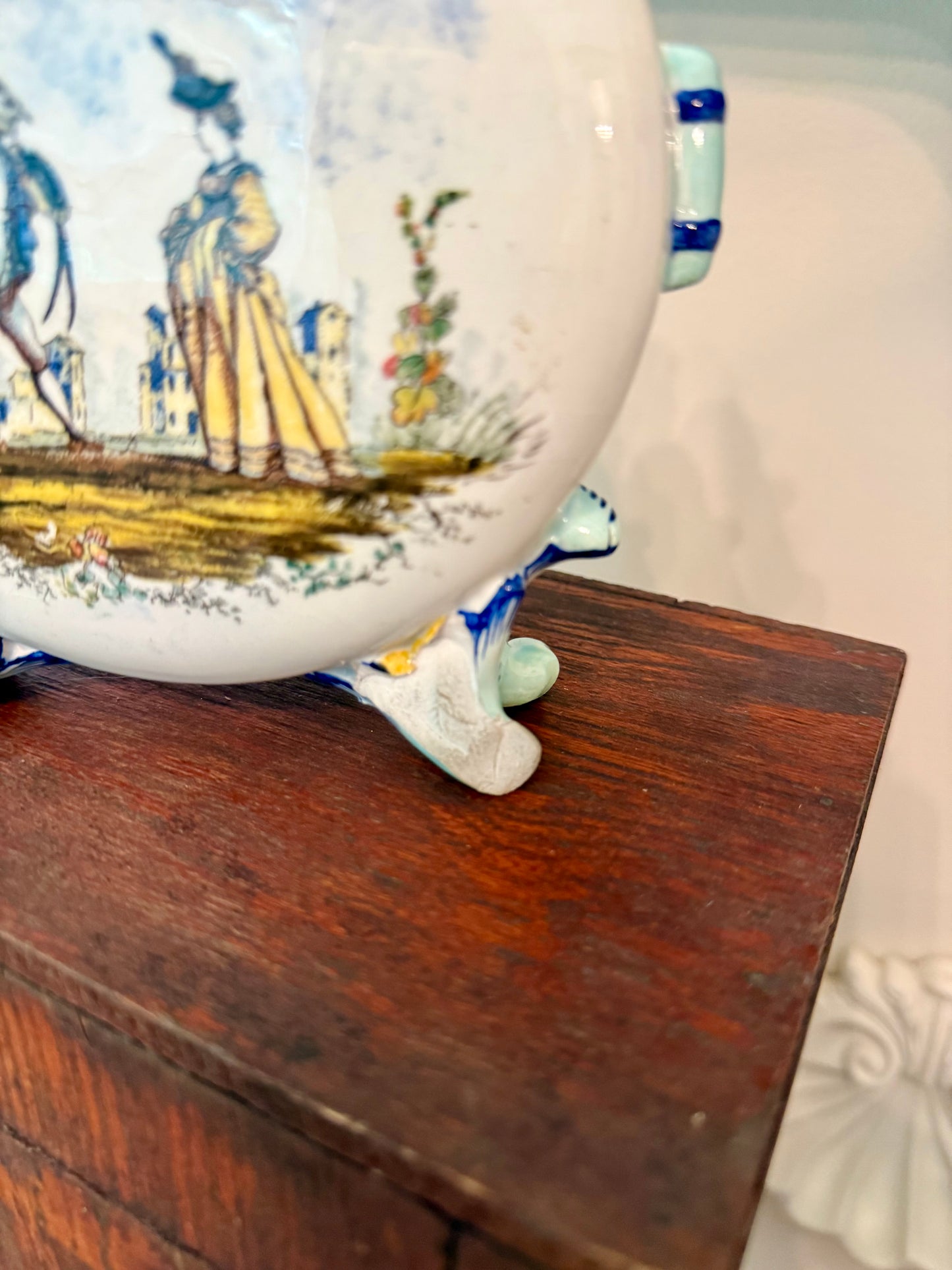 Antique French Faience Pilgrim Flask with Rococo Courtly Scenes