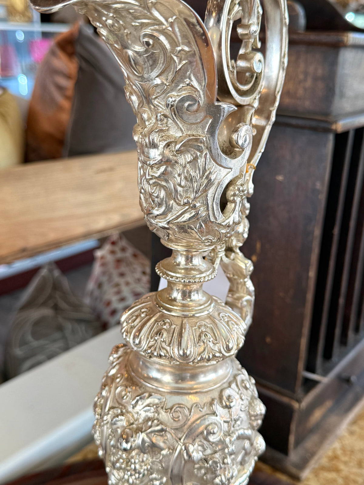 Monumental Silvered Bronze Figural Ewer & Underplate