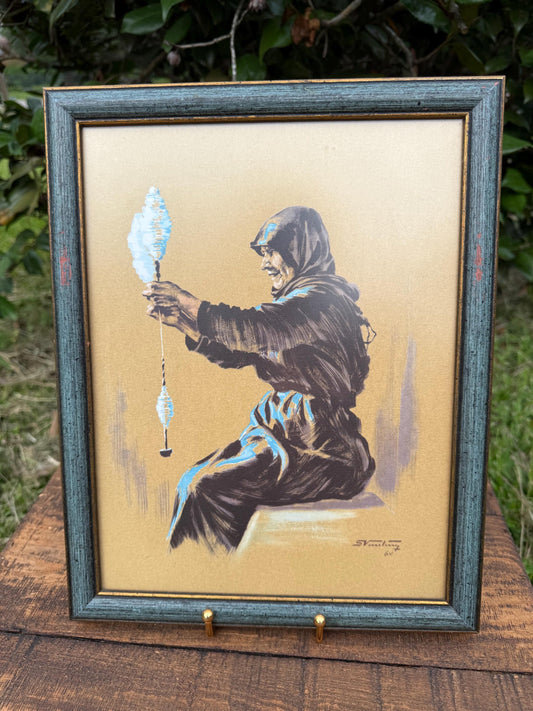 Framed Greek Cotton Spinner Print – Skyros Island Folk Art by Vassiliou 1964, 10.5x13.5