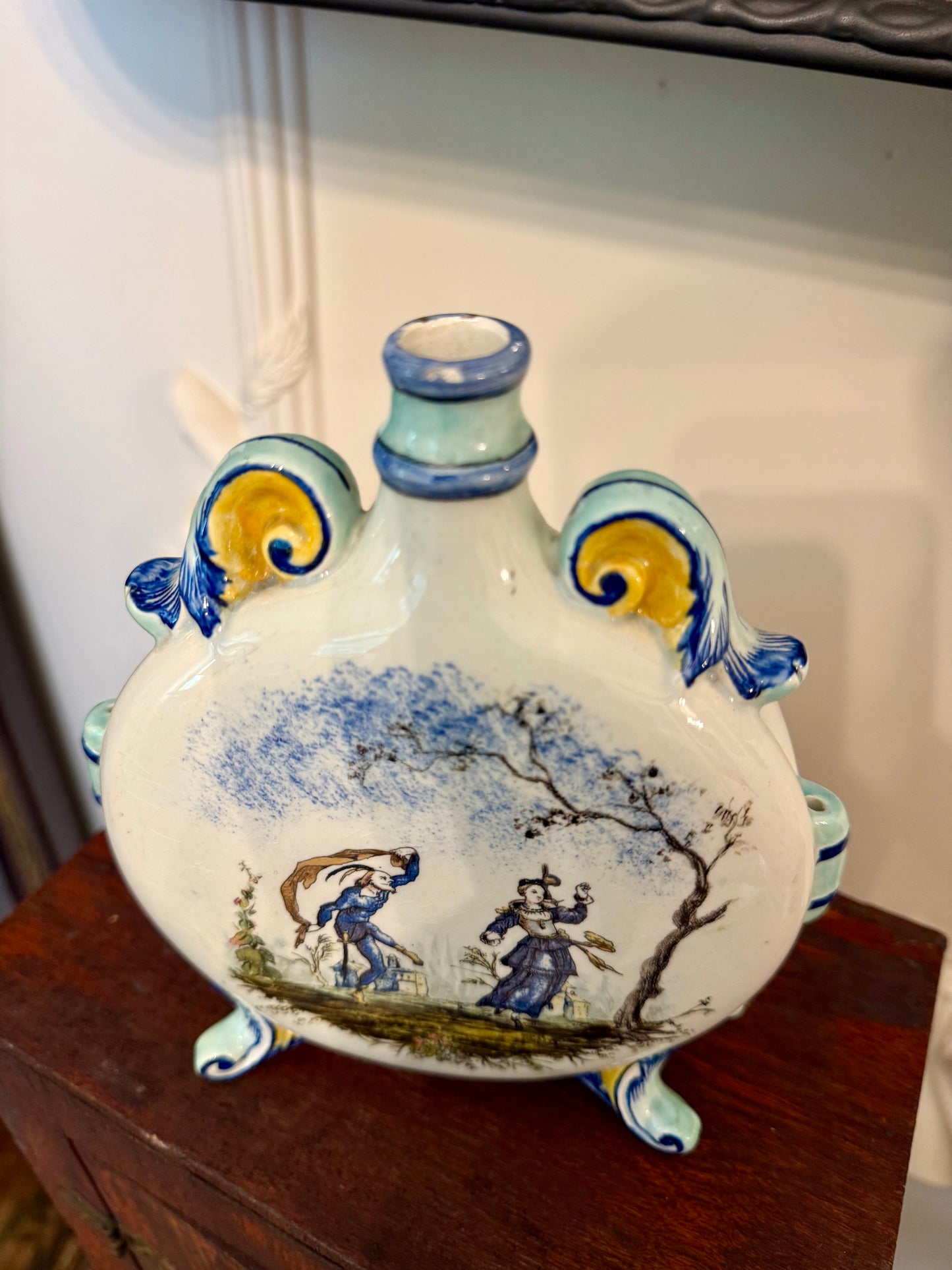 Antique French Faience Pilgrim Flask with Rococo Courtly Scenes