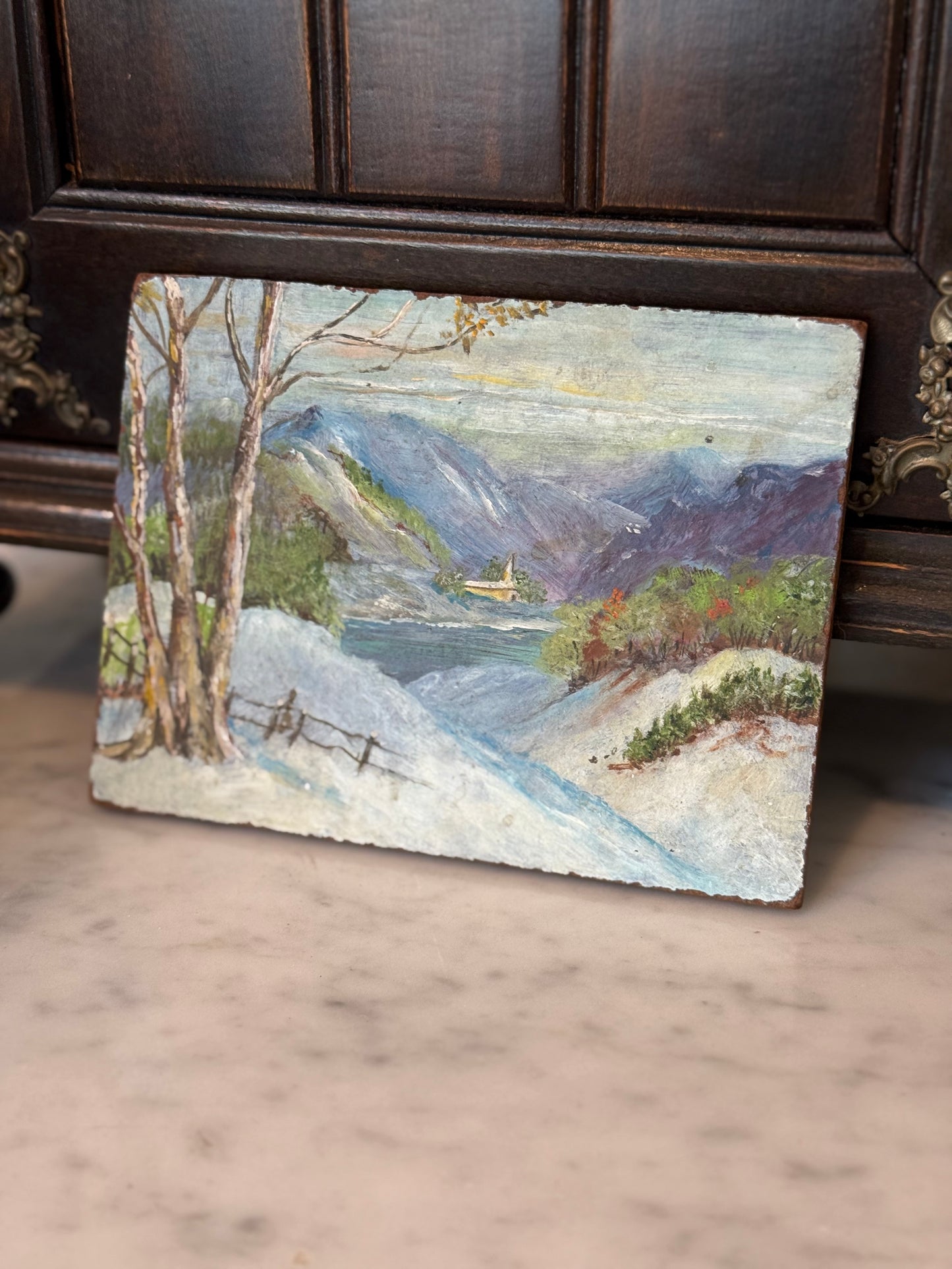 Vintage Impressionist Winter Landscape Oil Painting on Board