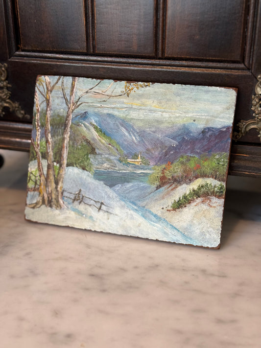 Vintage Impressionist Winter Landscape Oil Painting on Board