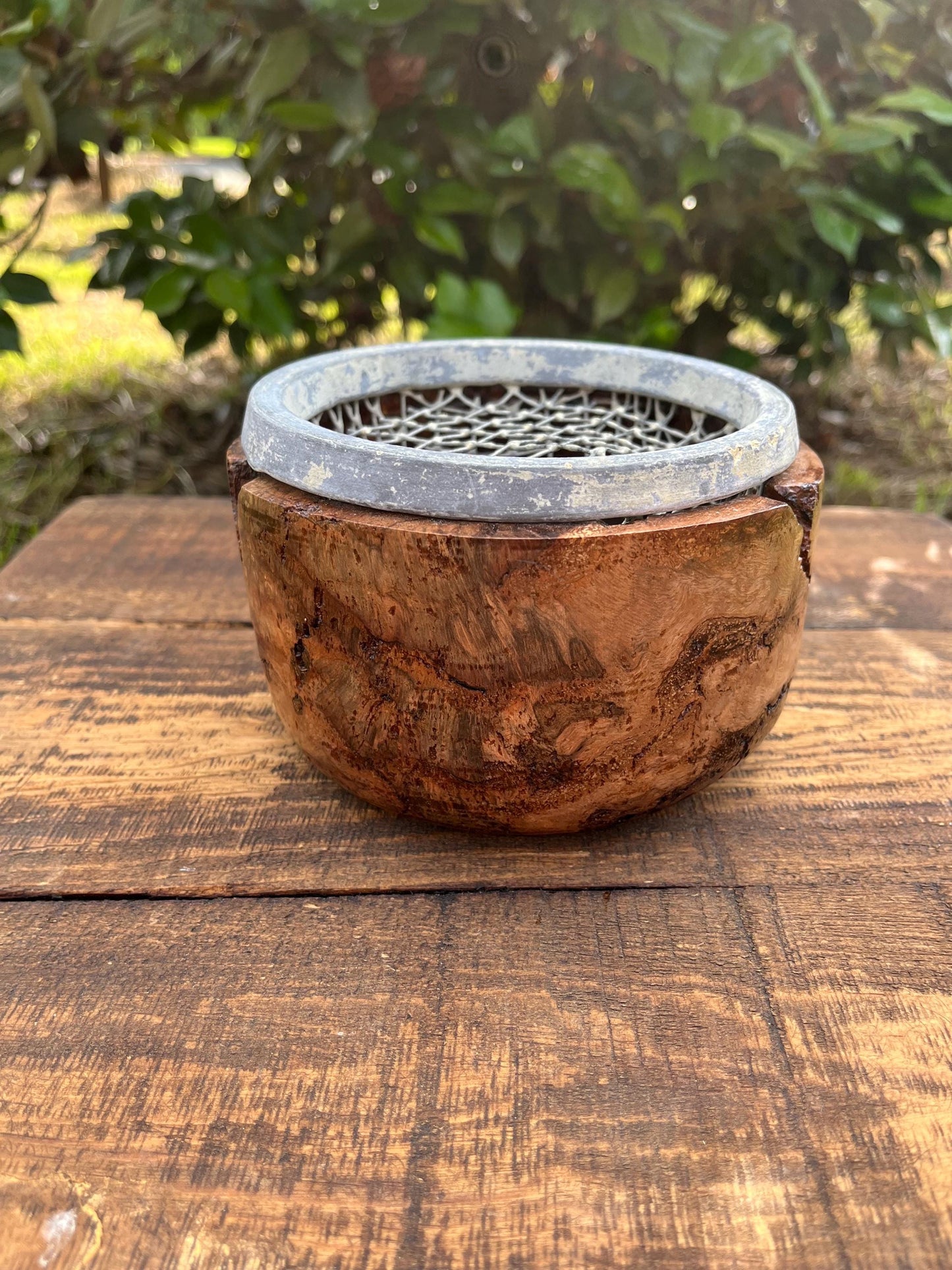 Mid-Century Vase with Burl Wood Base and Wire Frog | Rustic Floral Holder