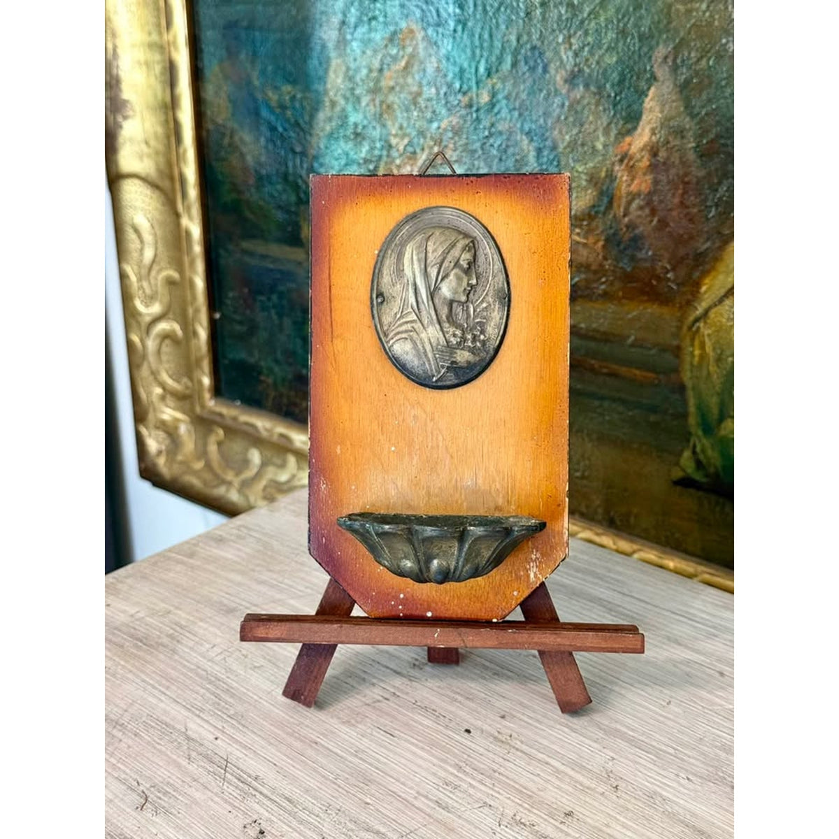 Vintage Virgin Mary Holy Water Font with Wooden Wall Plaque and Metal Basin