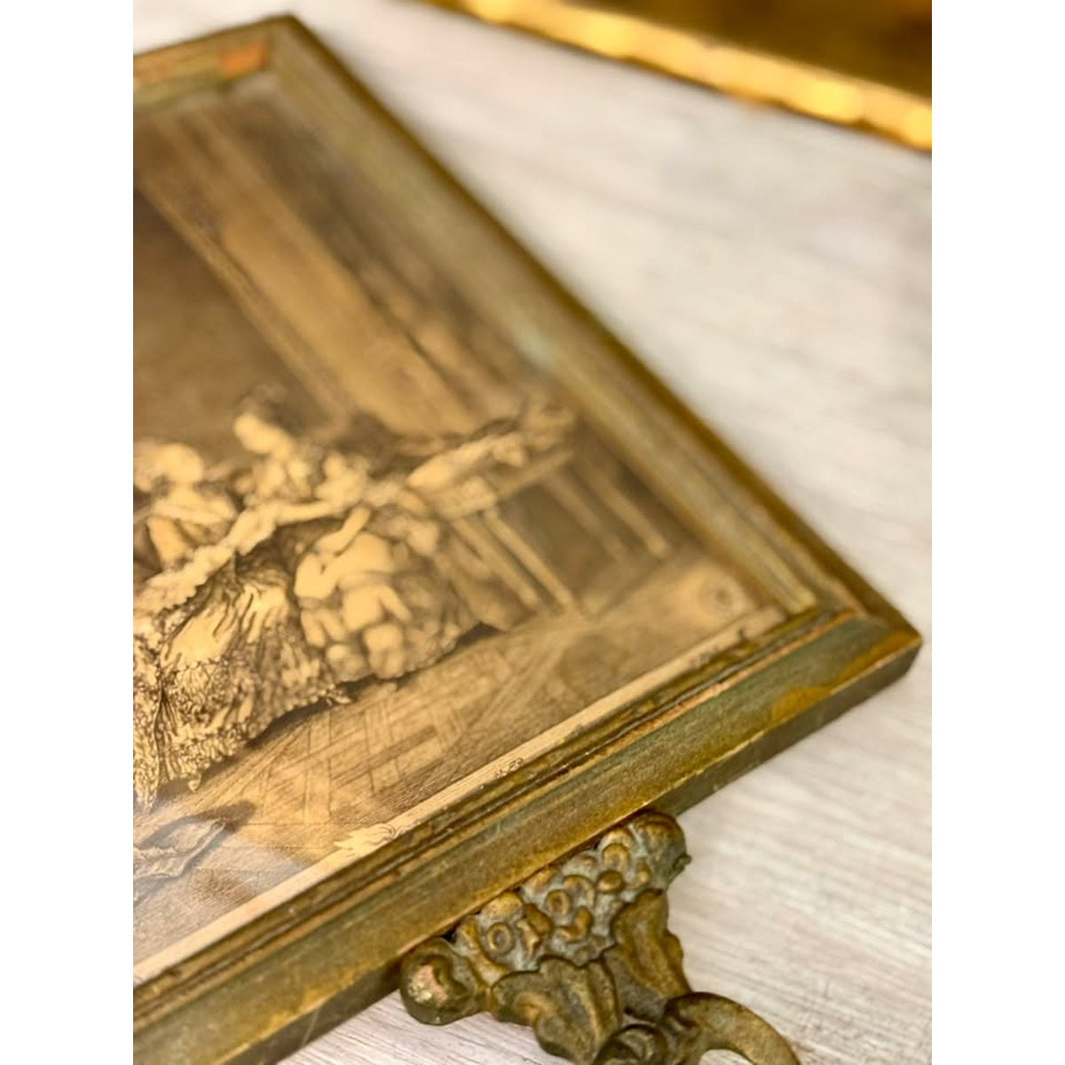 Vintage French Rococo Style Framed Print & Mirror with Ornate Handle